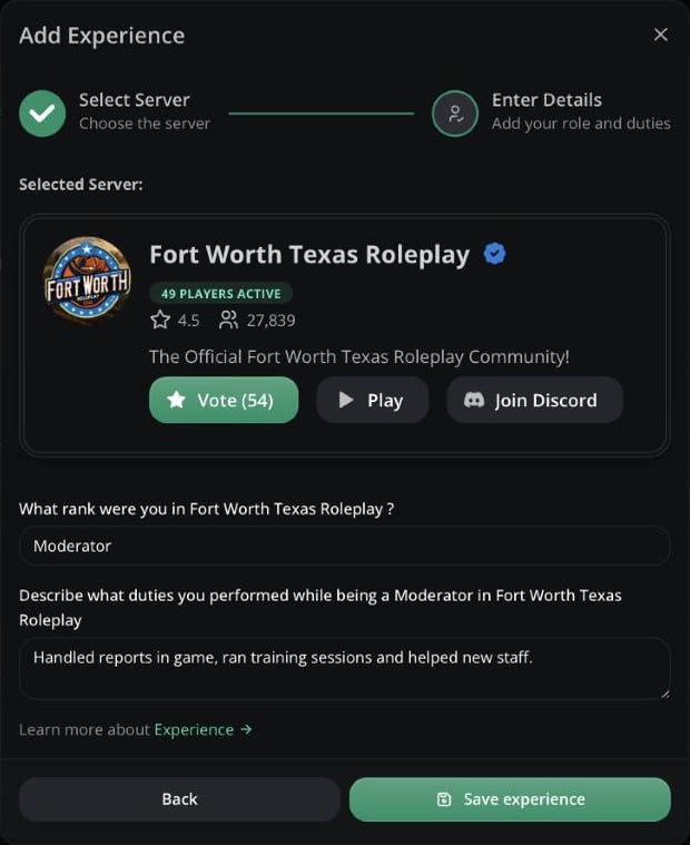 The Add Experience window on the Enter Details step with the rank and duties fields
