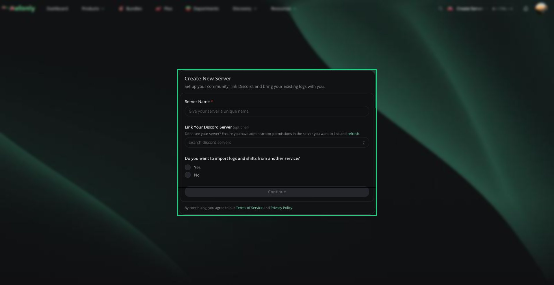 The Create New Server form with Server Name, Link Your Discord Server and the import Yes/No question