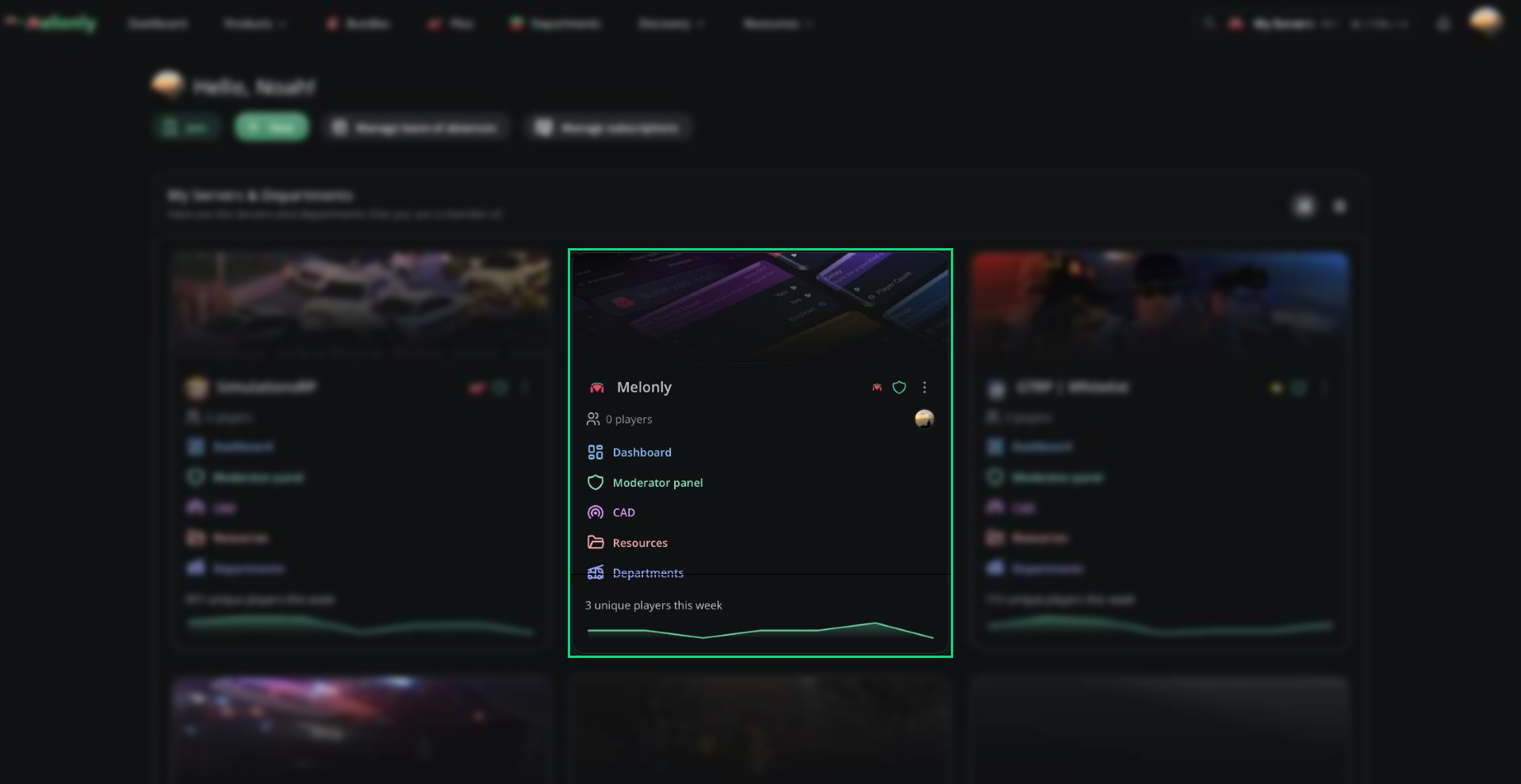 A single server card in grid view showing the banner, badges, player count, staff online avatars, the Dashboard / Moderator panel / CAD / Resources / Departments links and the unique players chart