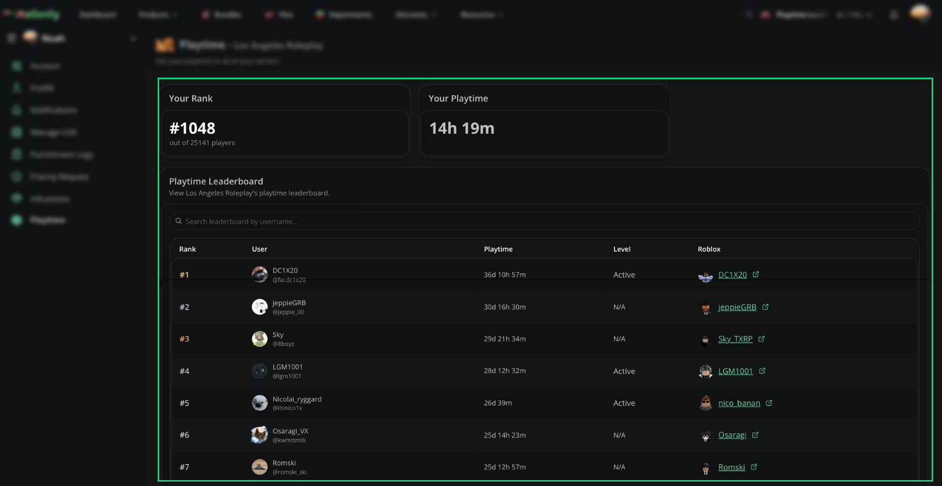 A server playtime page with Your Rank, Your Playtime and the leaderboard