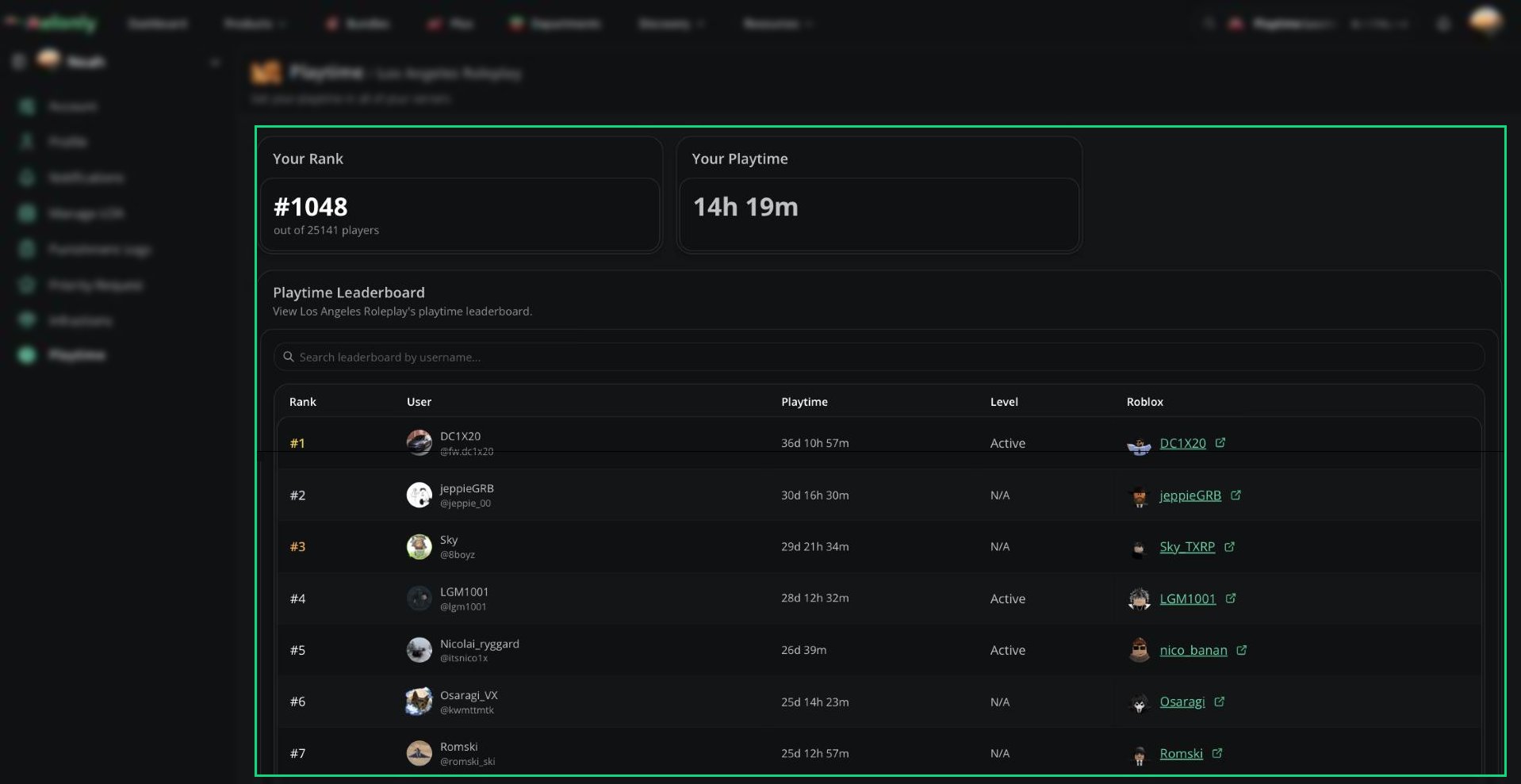 A server playtime page with Your Rank, Your Playtime and the leaderboard