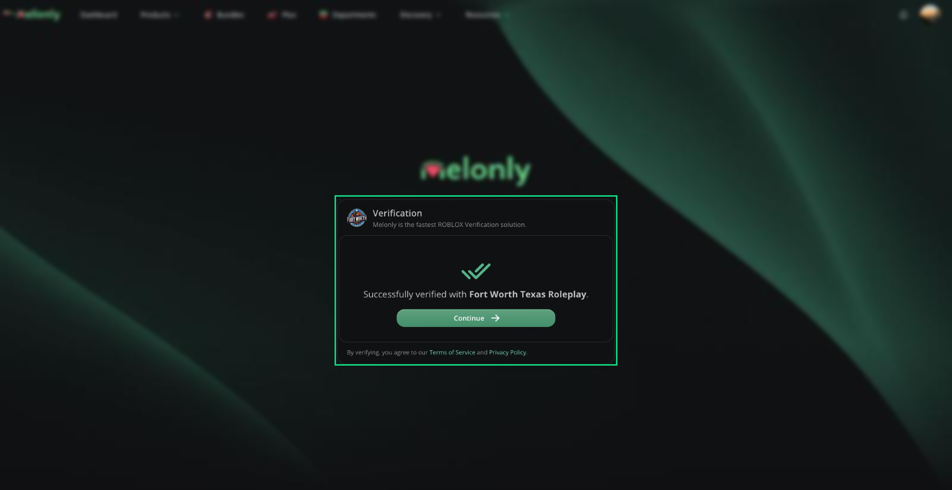 The verify page after a successful verification, with the server icon, the success message and Continue