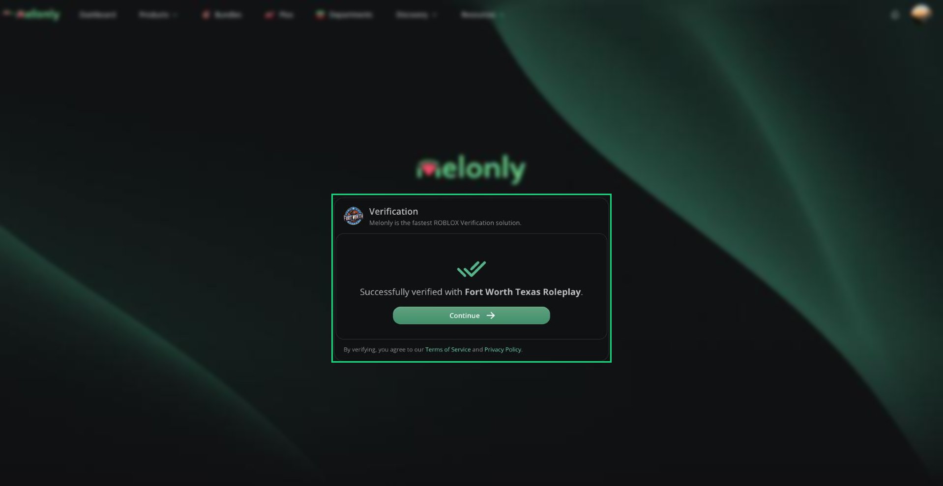 The verify page after a successful verification, with the server icon, the success message and Continue