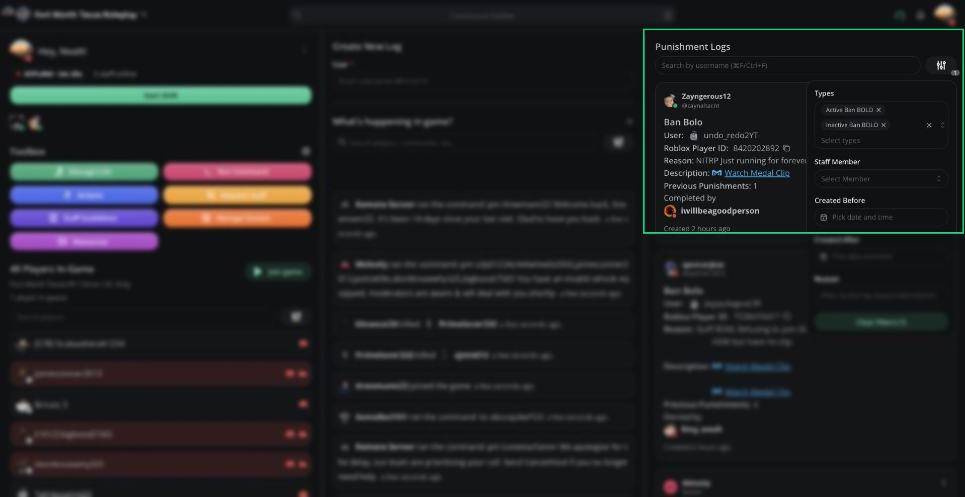 Punishment Logs filtered to Active and Inactive Ban BOLO, showing a completed Ban BOLO