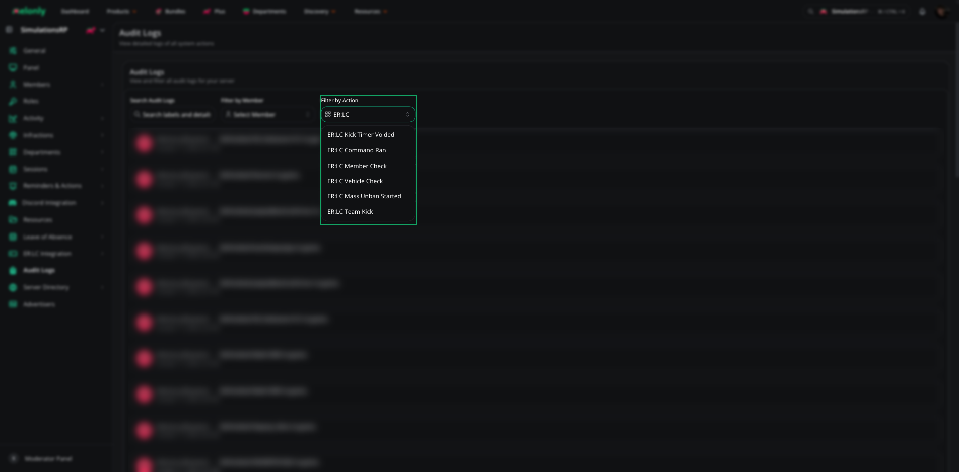 The Filter by Action dropdown on the Audit Logs page showing ER:LC Team Kick