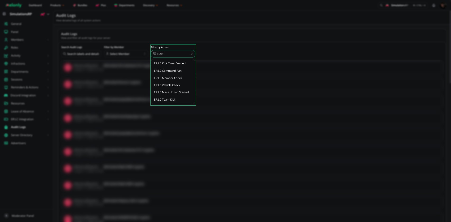 The Filter by Action dropdown on the Audit Logs page showing ER:LC Team Kick