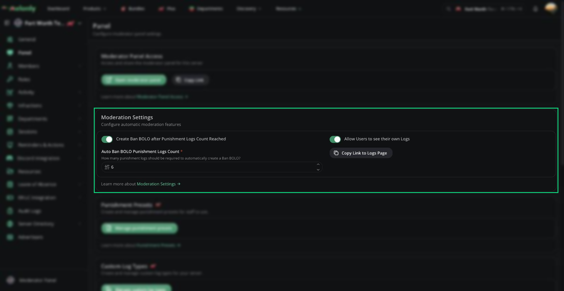 The Moderation Settings card