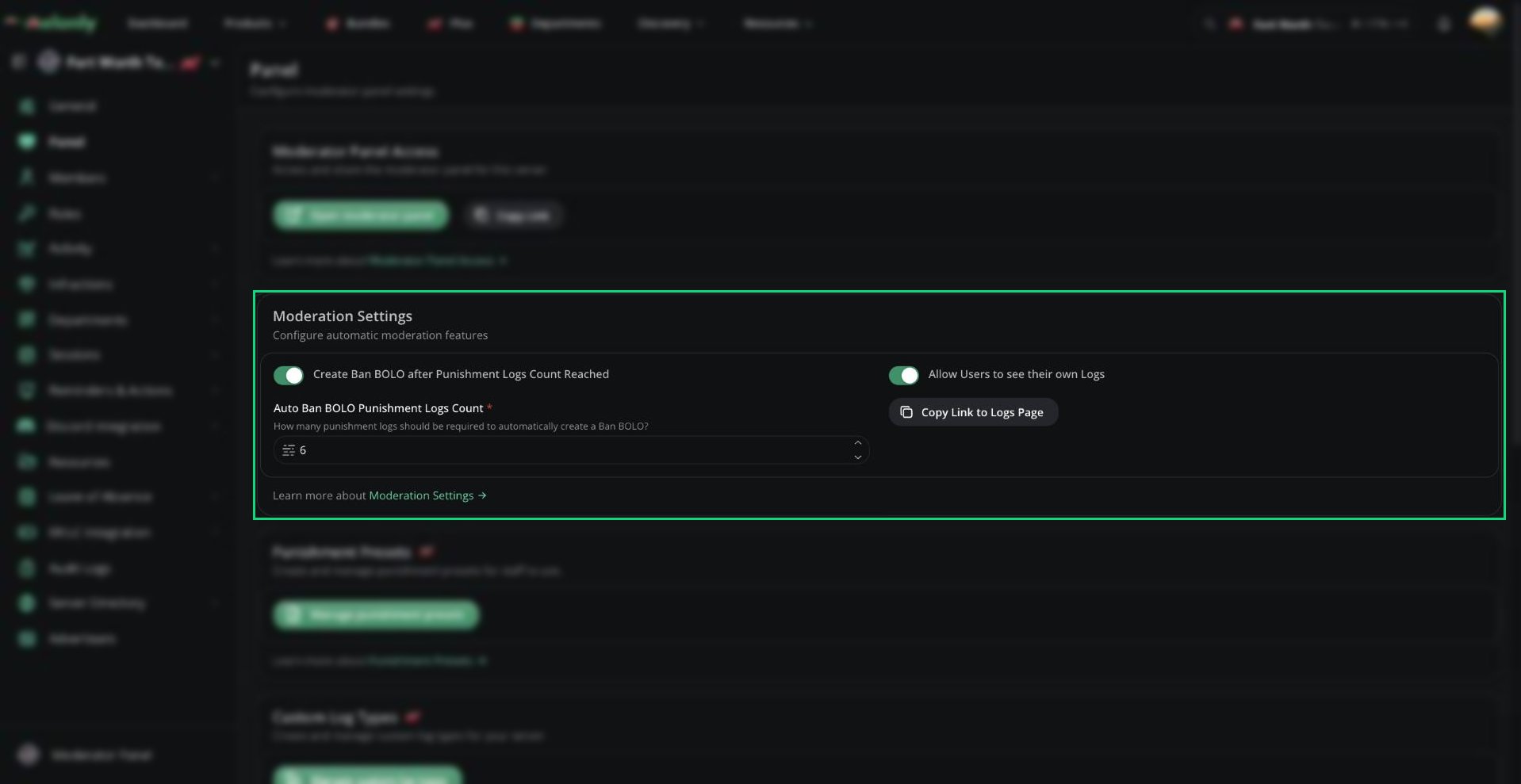 The Moderation Settings card