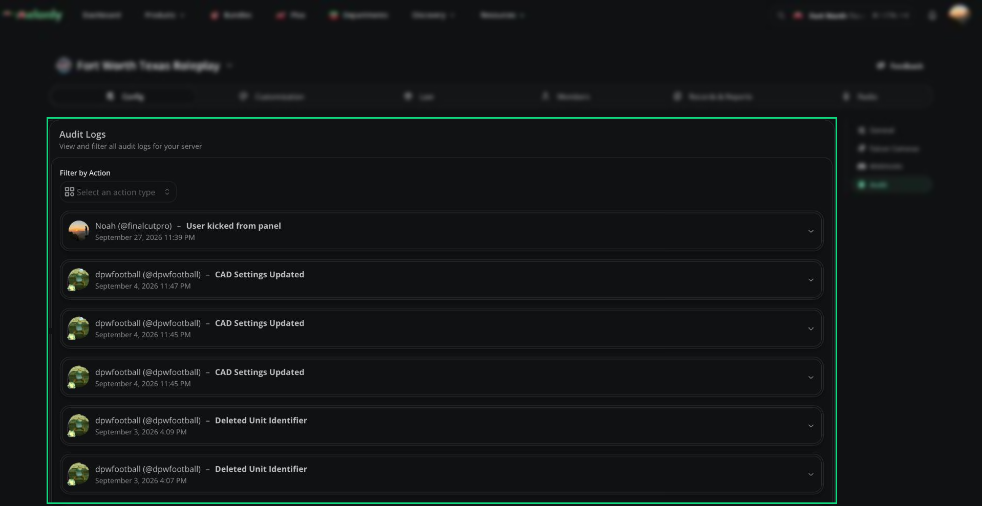 Audit Logs card with the Filter by Action select and a list of entries