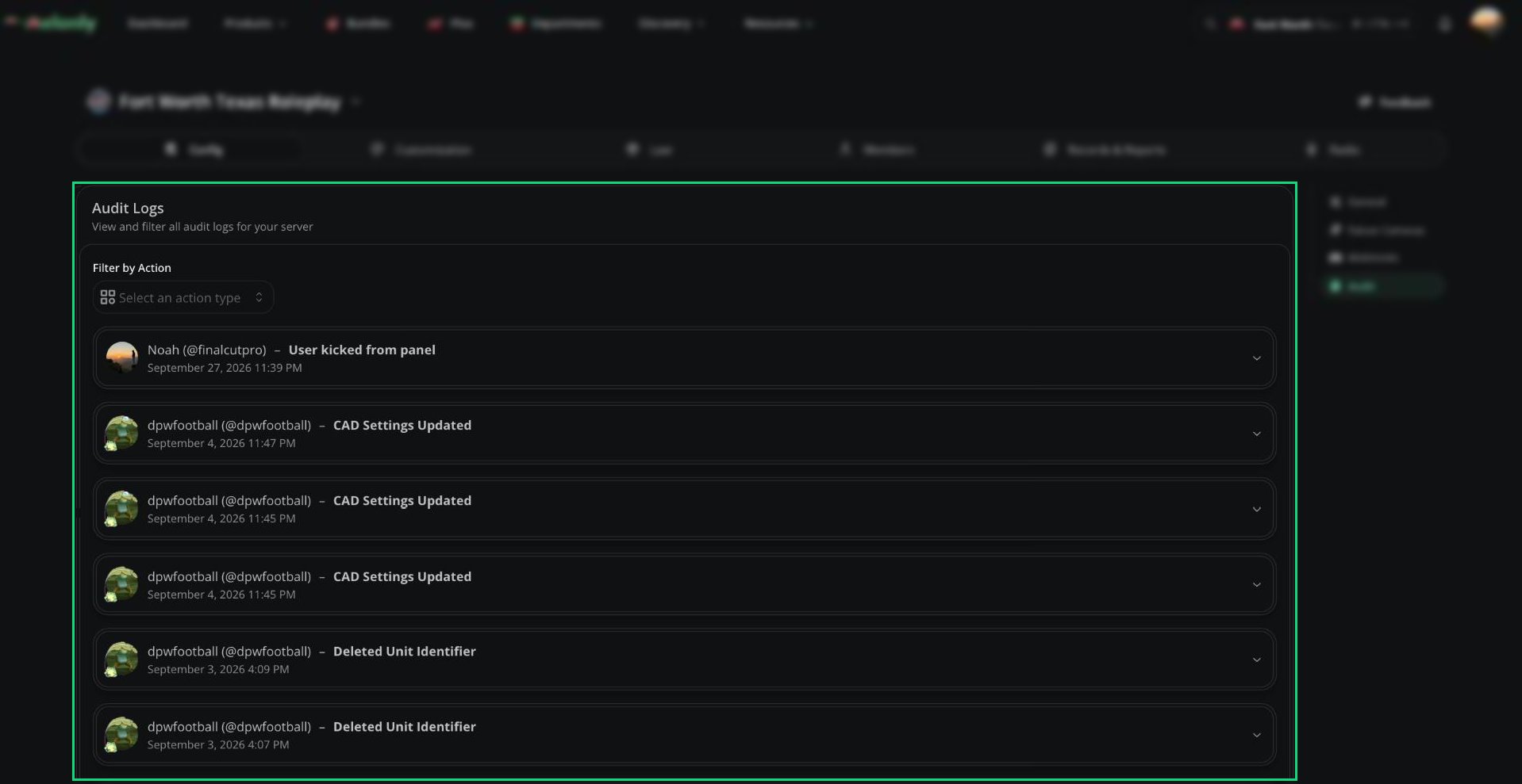 Audit Logs card with the Filter by Action select and a list of entries