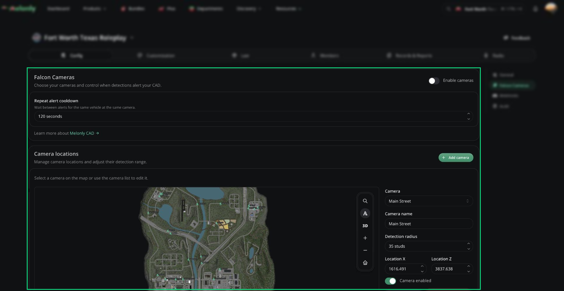 Falcon Cameras page with the Enable cameras switch, the camera locations map with markers, and the camera editor column