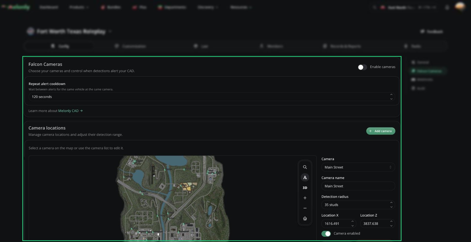 Falcon Cameras page with the Enable cameras switch, the camera locations map with markers, and the camera editor column