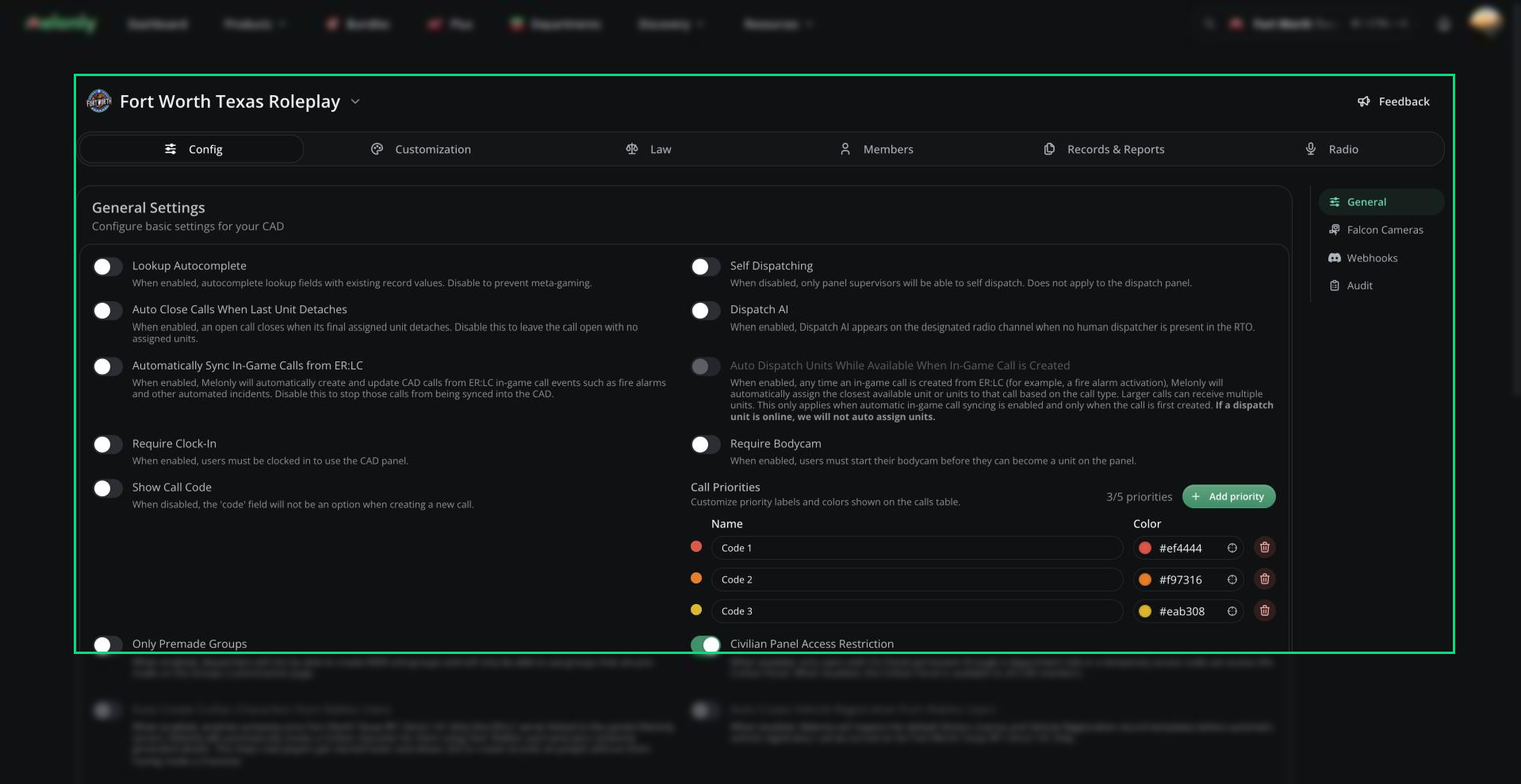 CAD admin panel open on Config, General, showing the top tabs, the right-hand sub-navigation and the General Settings card