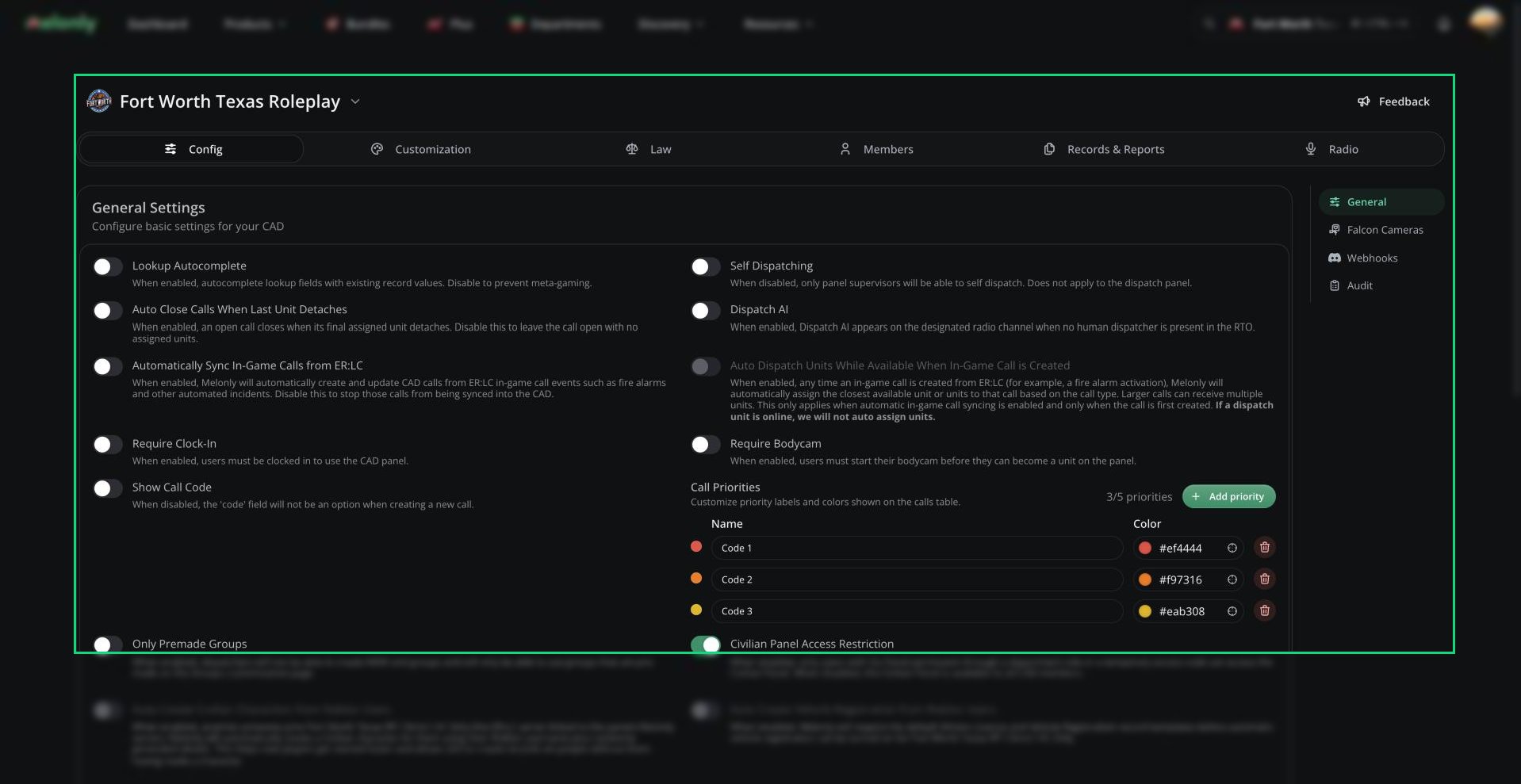 CAD admin panel open on Config, General, showing the top tabs, the right-hand sub-navigation and the General Settings card