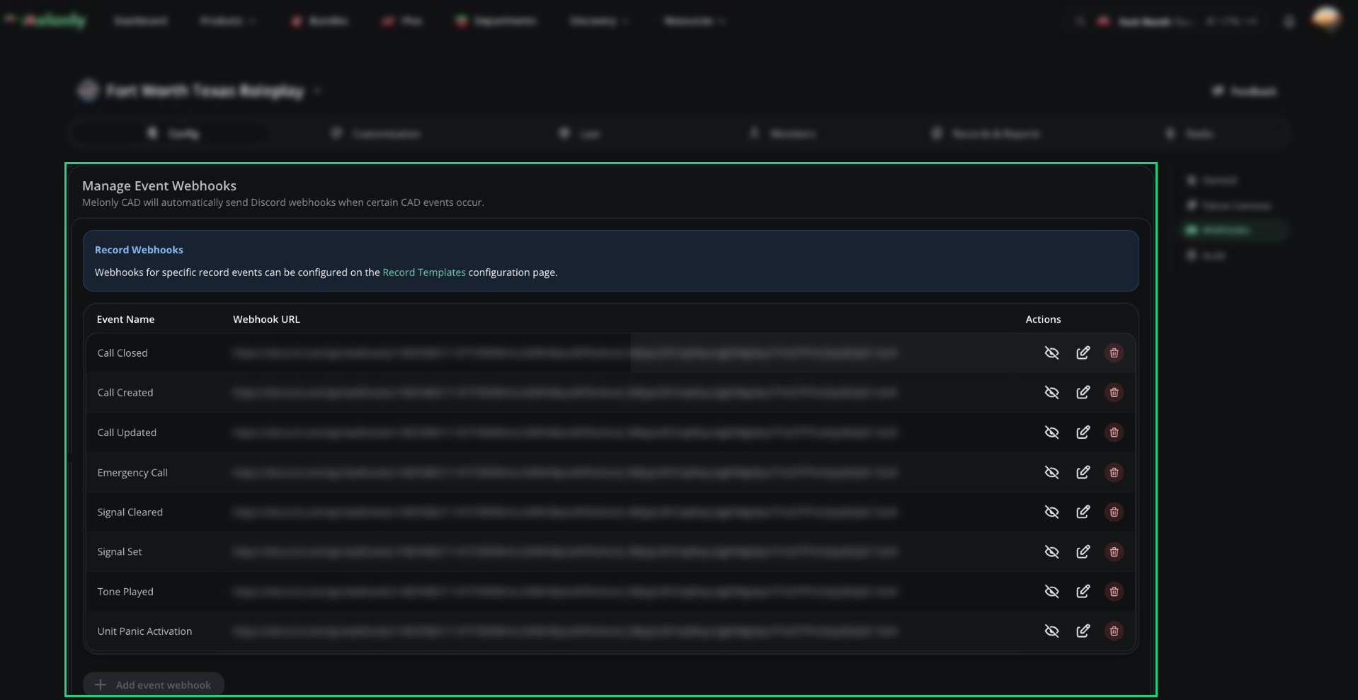 Manage Event Webhooks card with a few events configured and the blurred webhook URLs