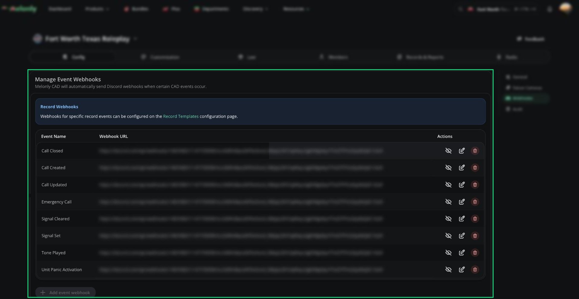 Manage Event Webhooks card with a few events configured and the blurred webhook URLs