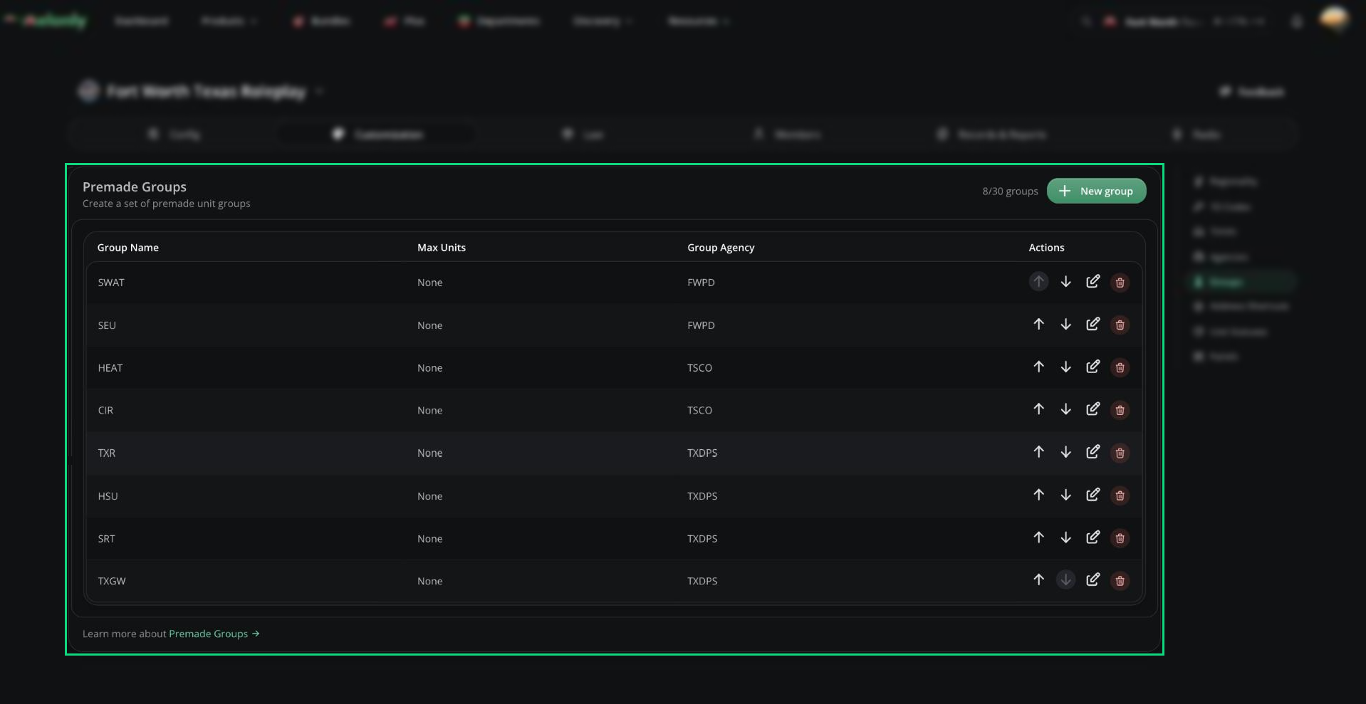 Premade Groups table with group name, max units and group agency columns, and the New group button
