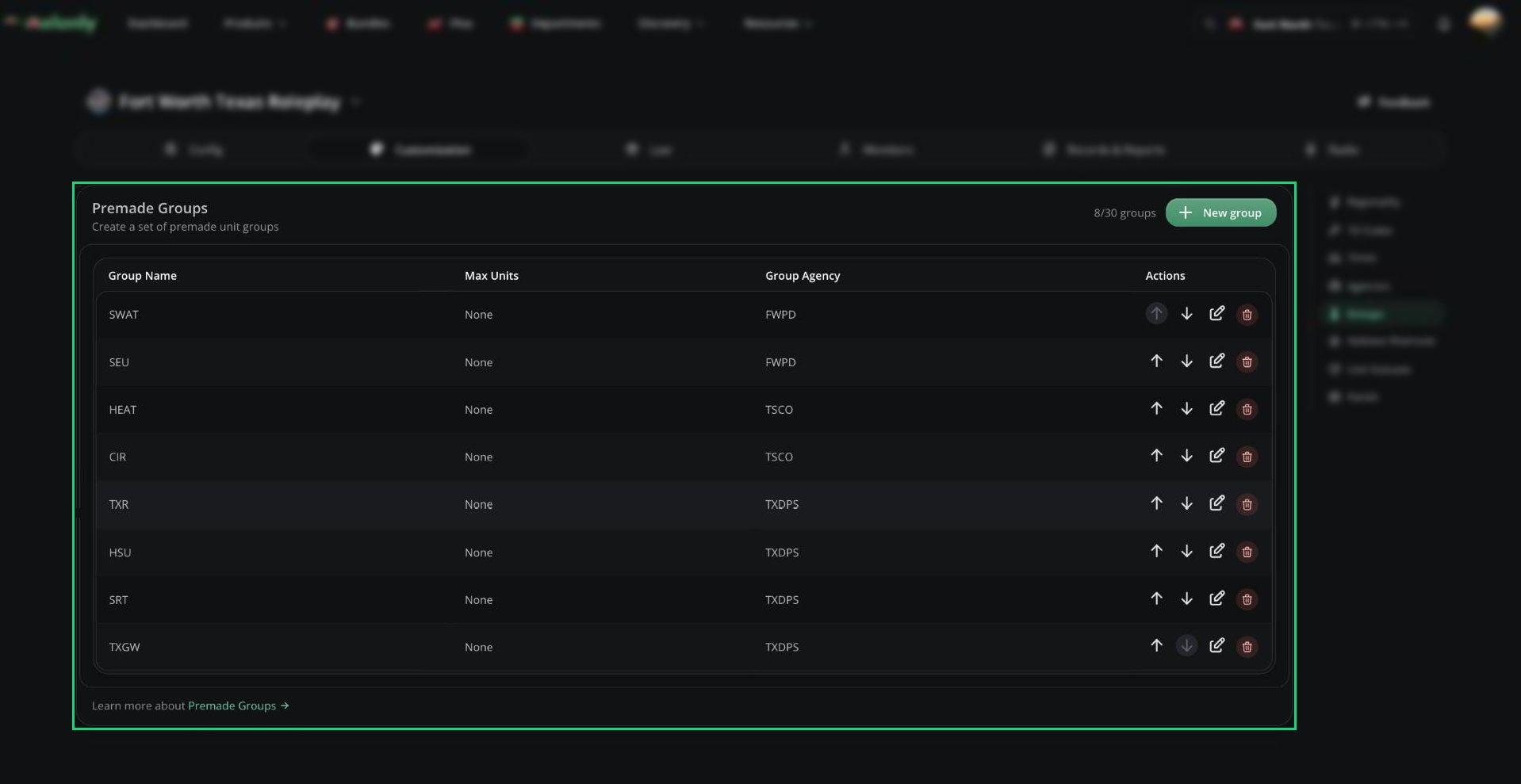 Premade Groups table with group name, max units and group agency columns, and the New group button