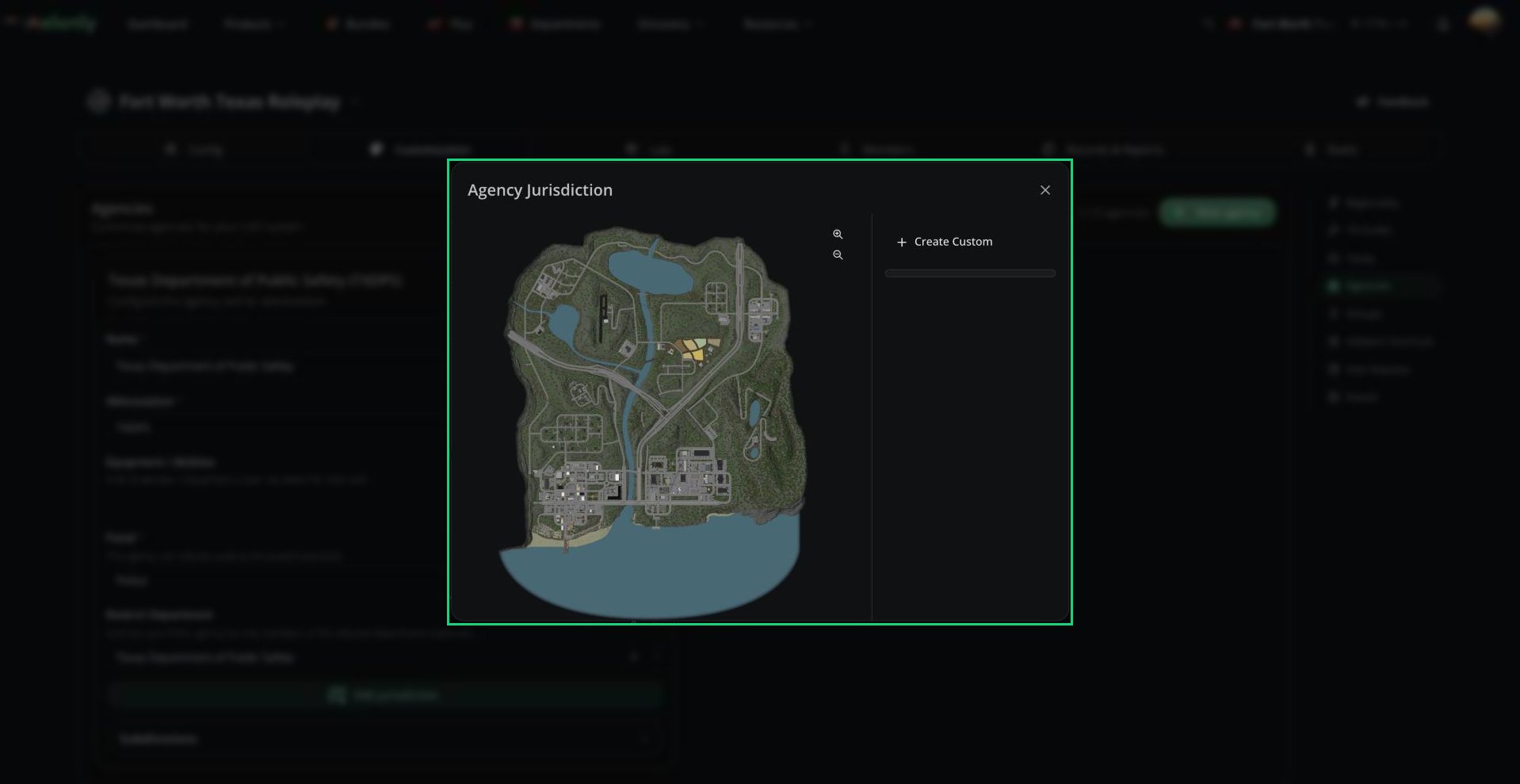 The Agency Jurisdiction editor with the map and Create Custom