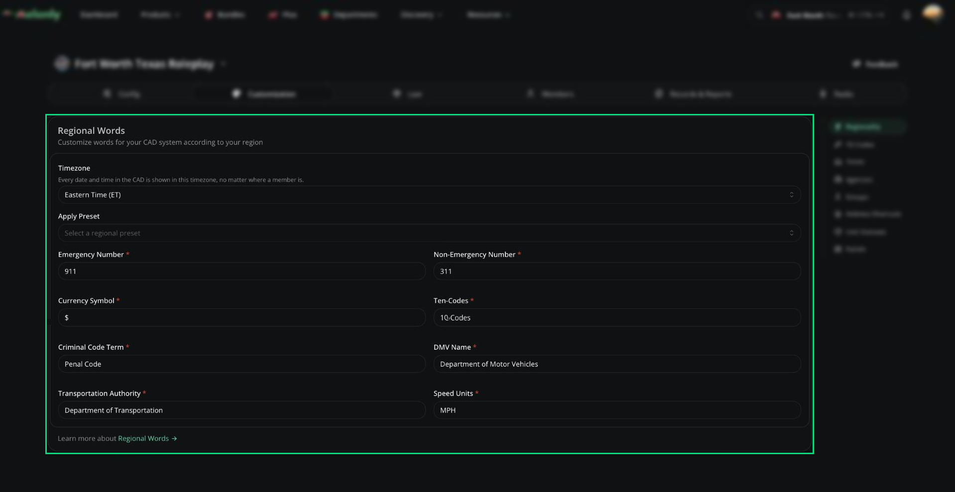 Regionality page showing the Regional Words card with Timezone, Apply Preset and the regional fields