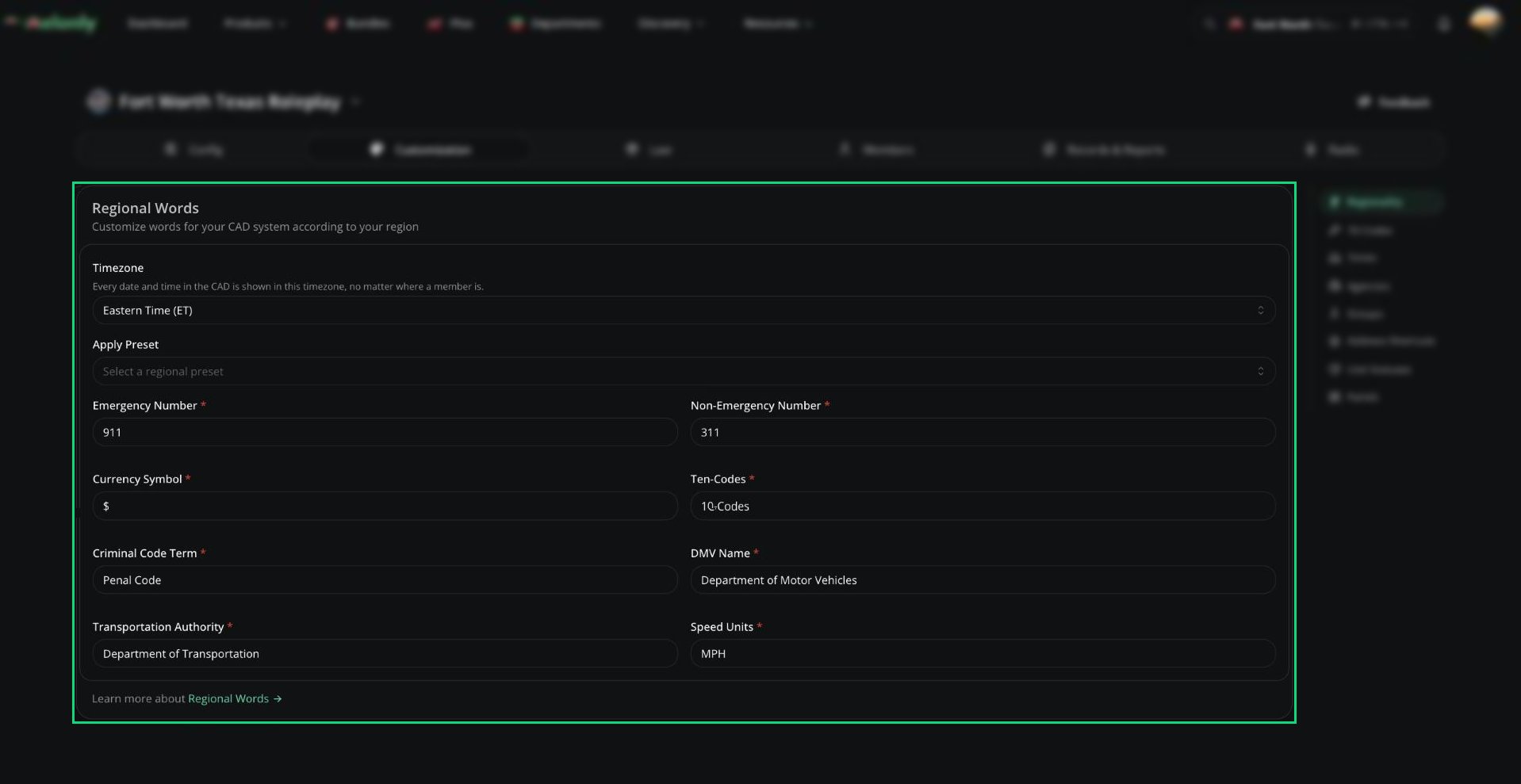 Regionality page showing the Regional Words card with Timezone, Apply Preset and the regional fields