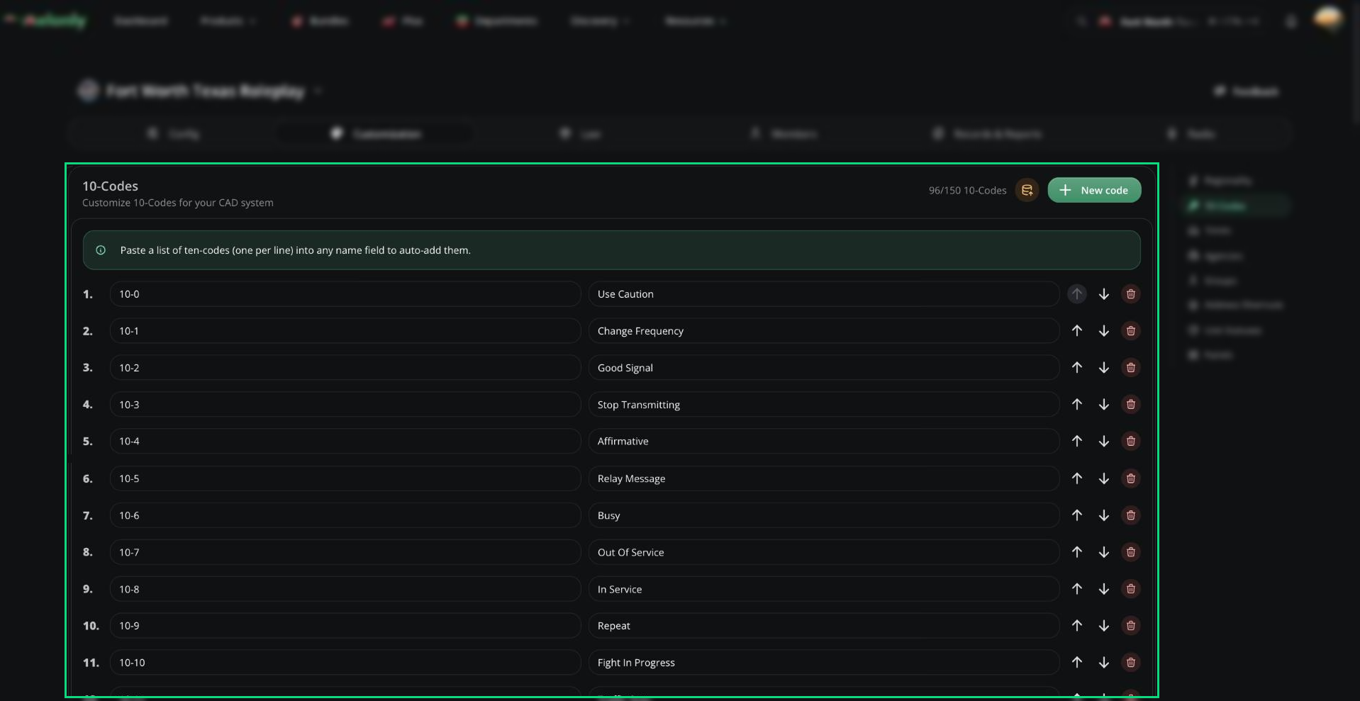10-Codes page with the code list, the paste tip, and the New code and Import from Sonoran CAD buttons