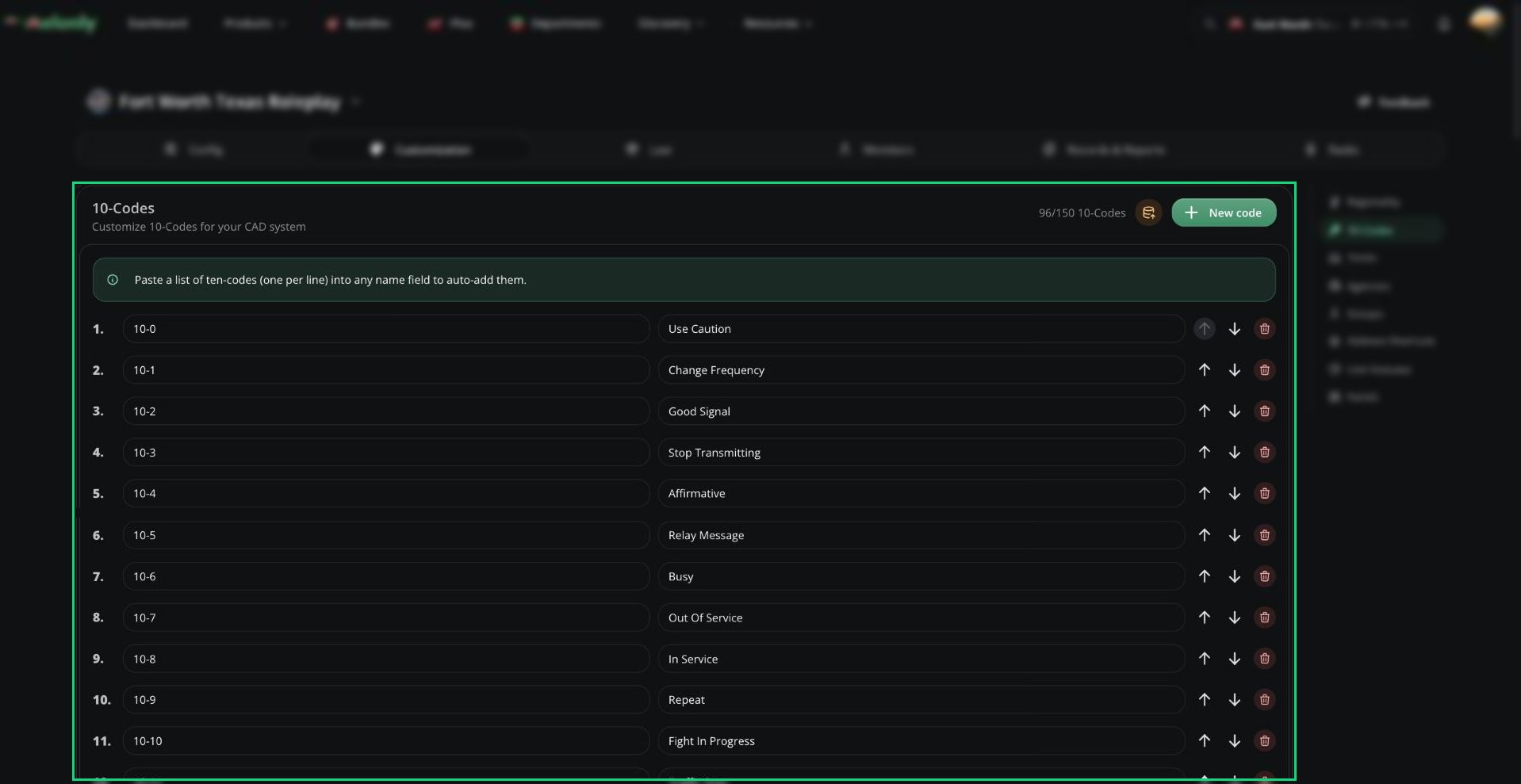 10-Codes page with the code list, the paste tip, and the New code and Import from Sonoran CAD buttons