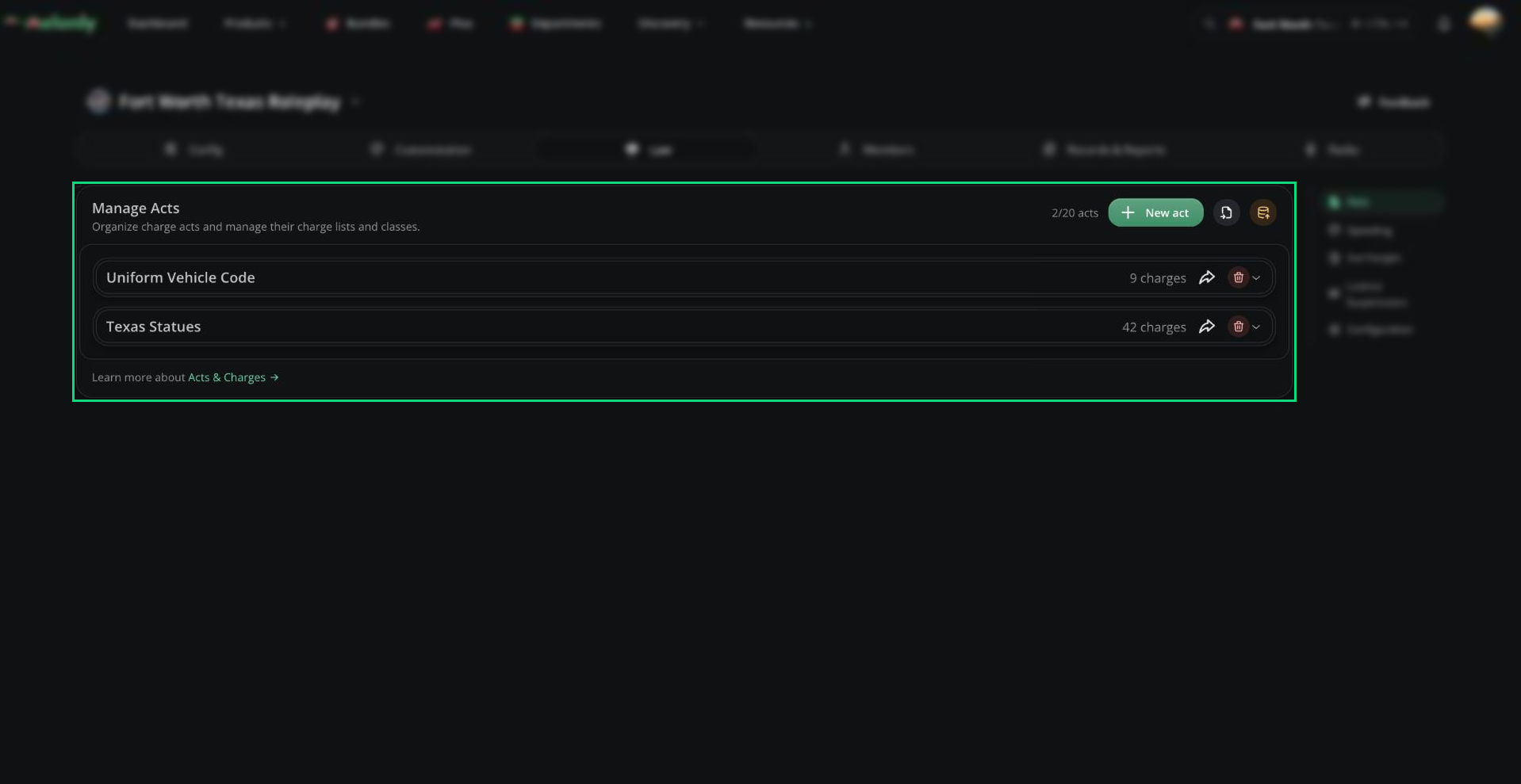 Manage Acts list with two acts and their charge counts, and the New act button