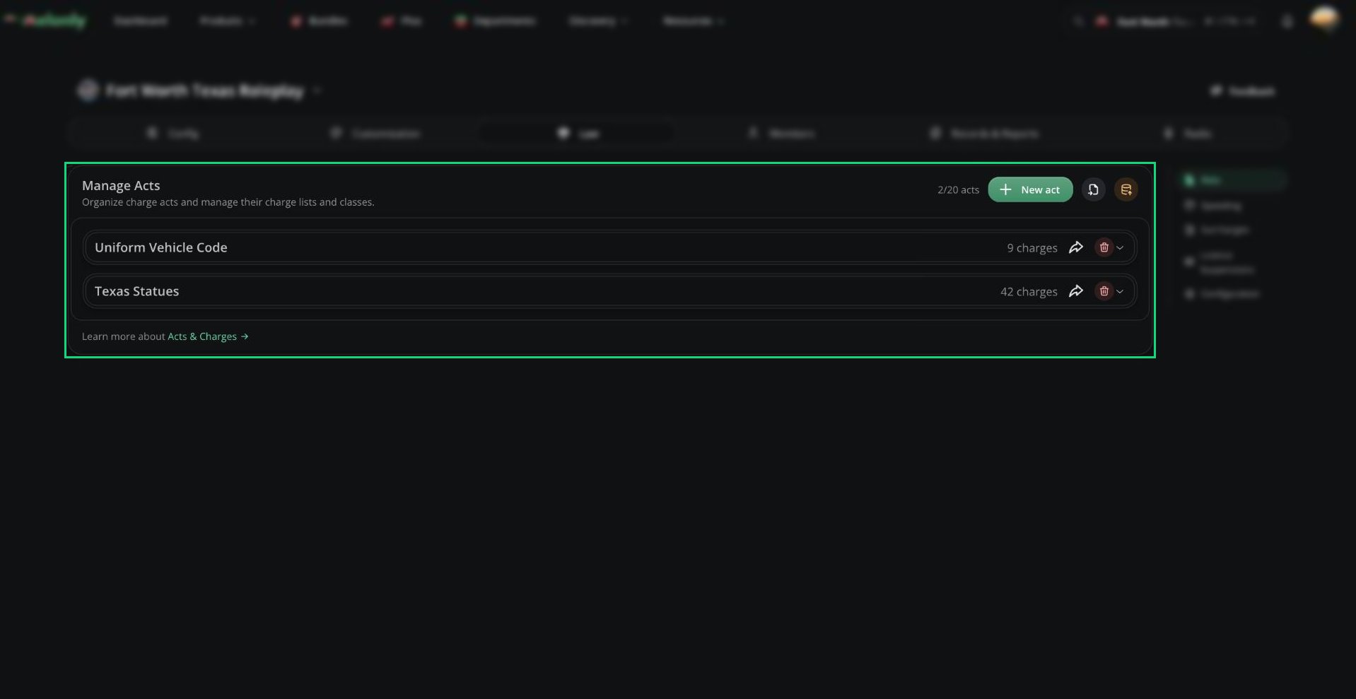 Manage Acts list with two acts and their charge counts, and the New act button