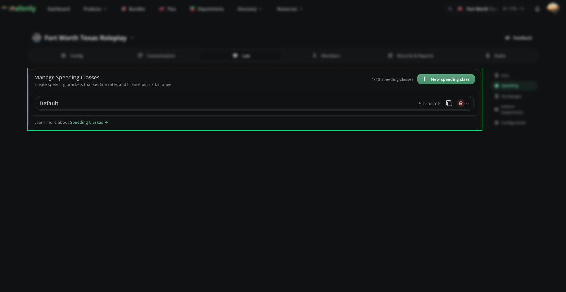 Manage Speeding Classes list with the Default class and its bracket count, and the New speeding class button