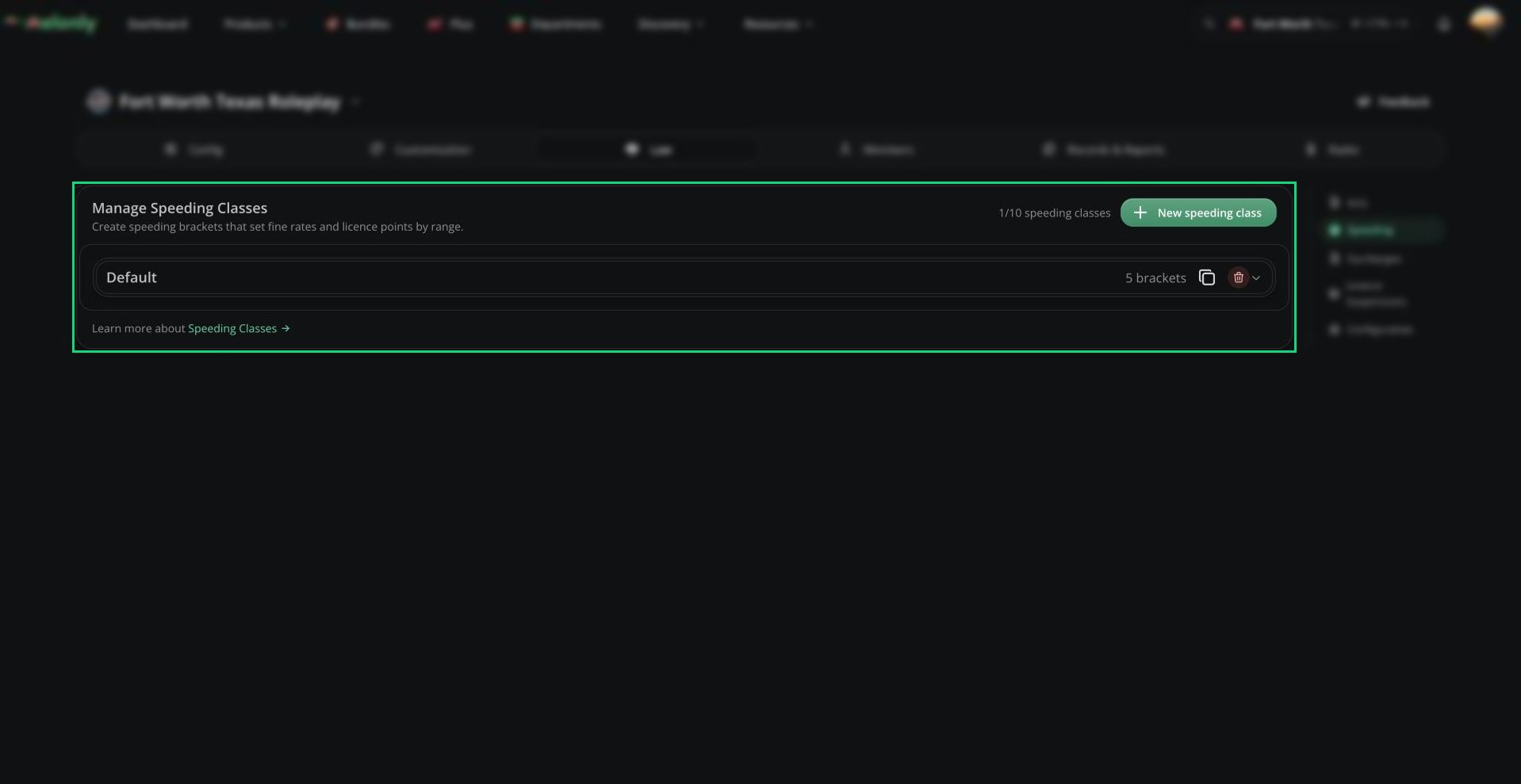 Manage Speeding Classes list with the Default class and its bracket count, and the New speeding class button