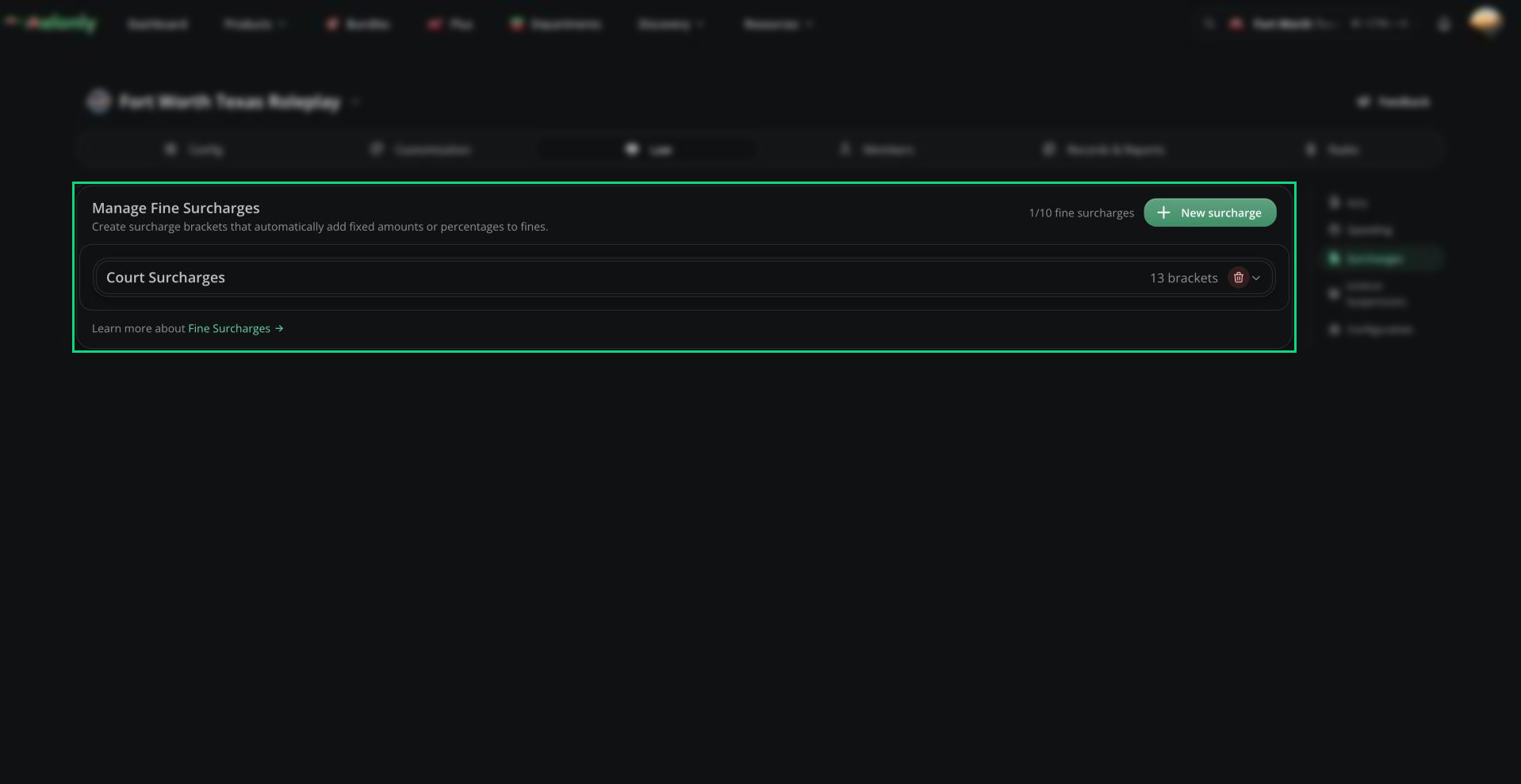 Manage Fine Surcharges list with one surcharge and its bracket count, and the New surcharge button