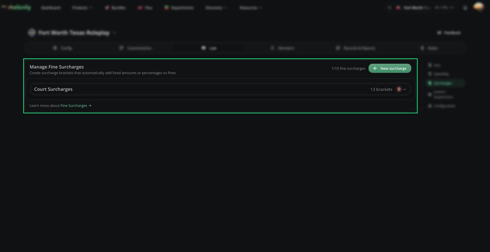 Manage Fine Surcharges list with one surcharge and its bracket count, and the New surcharge button