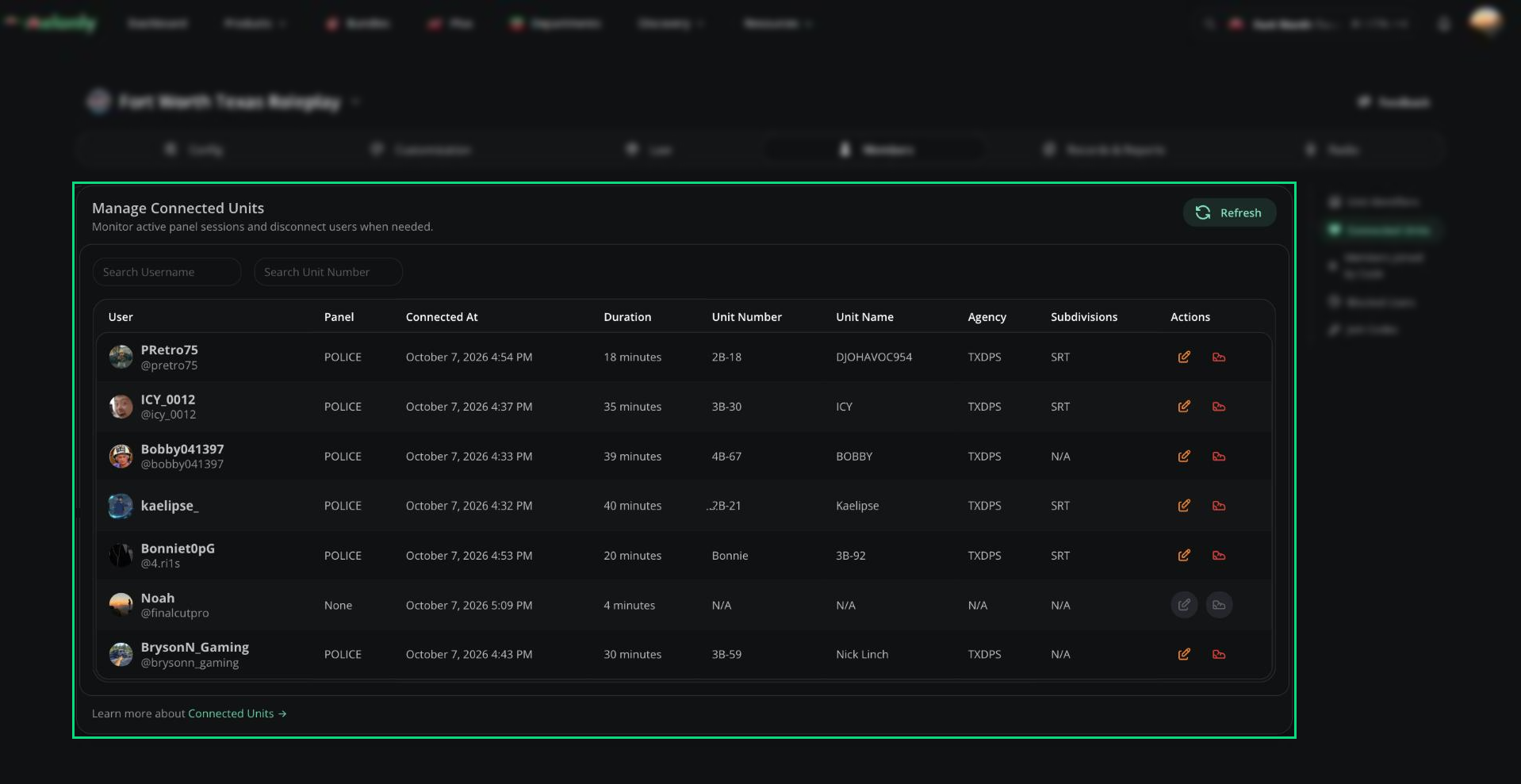 Connected Units table listing users, their panel, connected time, duration and unit details