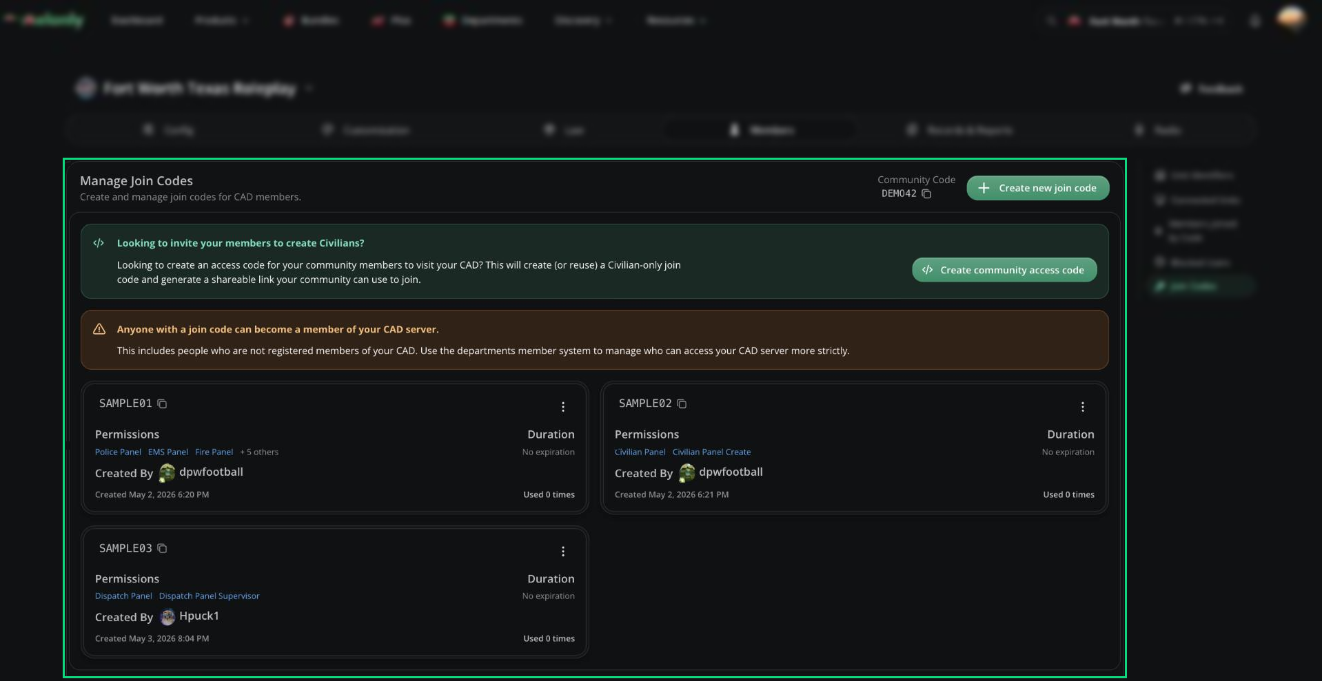 Manage Join Codes card showing the Community Code, the community access code alert, and a few join code cards