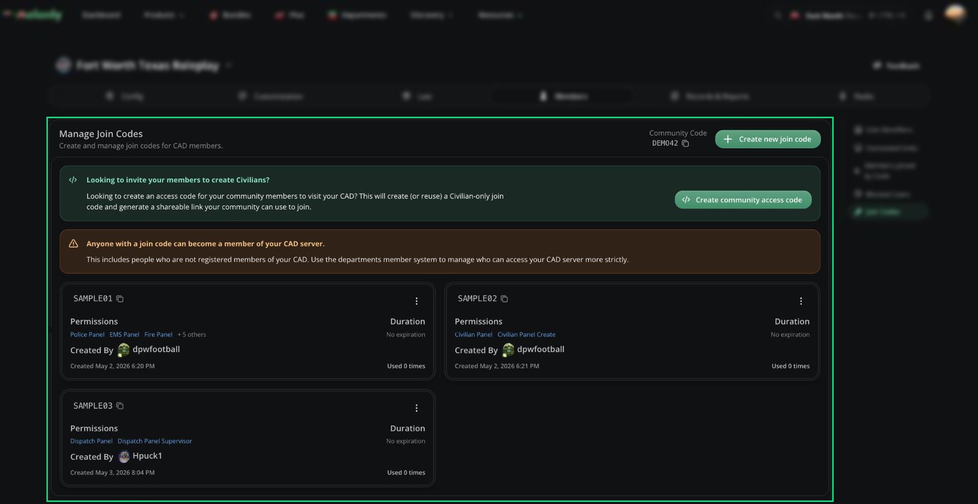 Manage Join Codes card showing the Community Code, the community access code alert, and a few join code cards