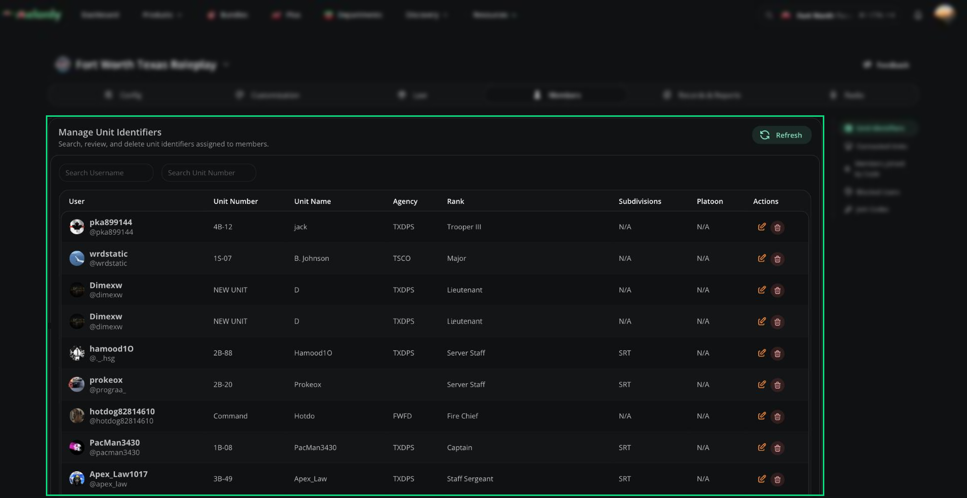 Members tab open on Unit Identifiers listing each unit with its owner, unit number, name, agency and rank