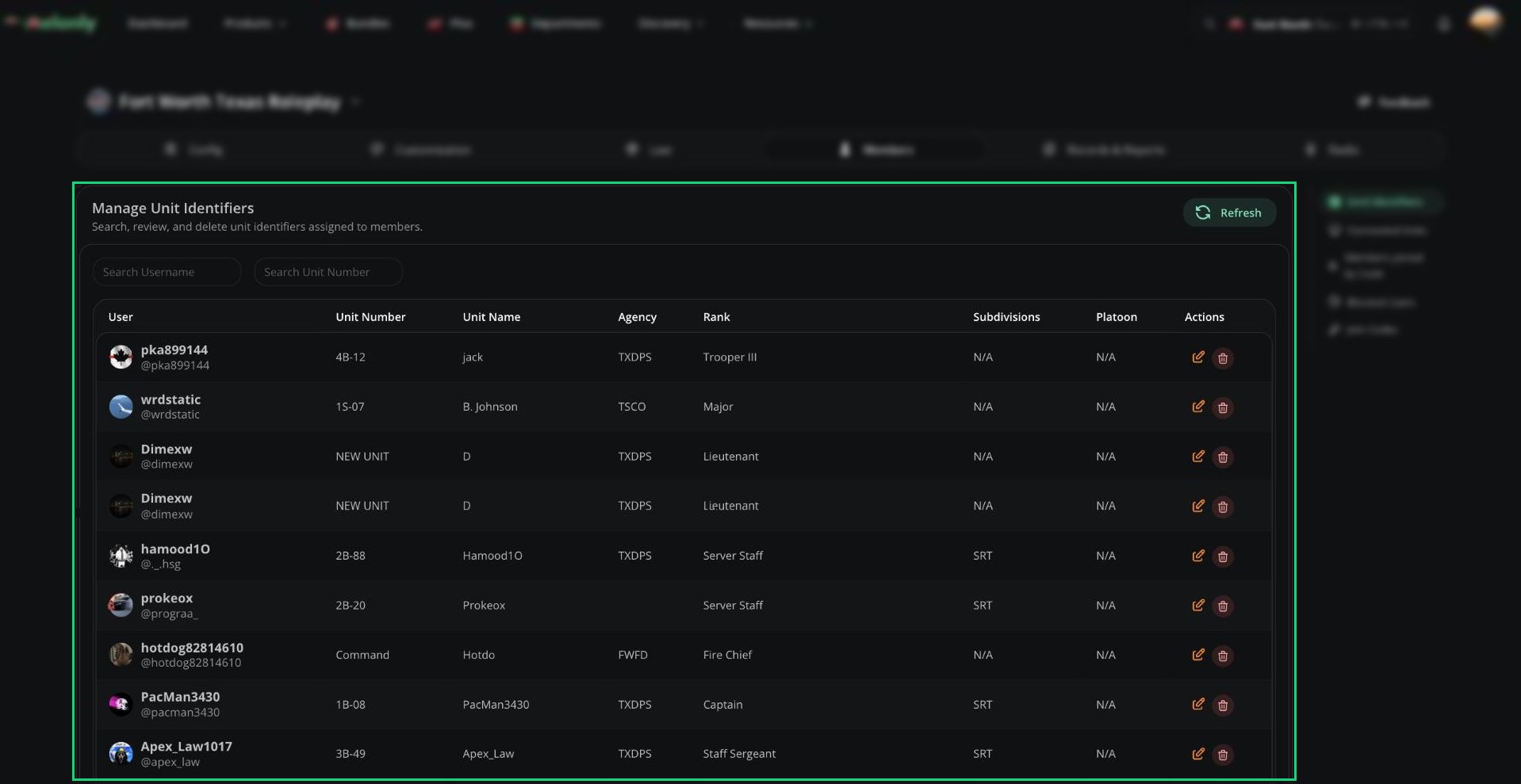 Members tab open on Unit Identifiers listing each unit with its owner, unit number, name, agency and rank