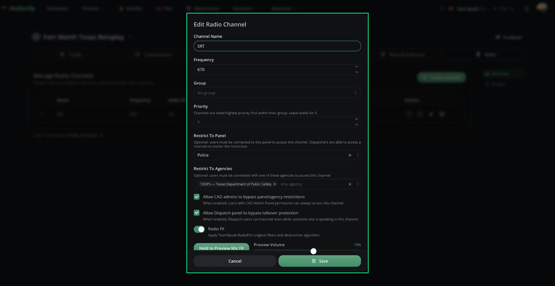 The Edit Radio Channel window with name, frequency, group, priority, panel and agency restrictions, bypass options and Radio FX