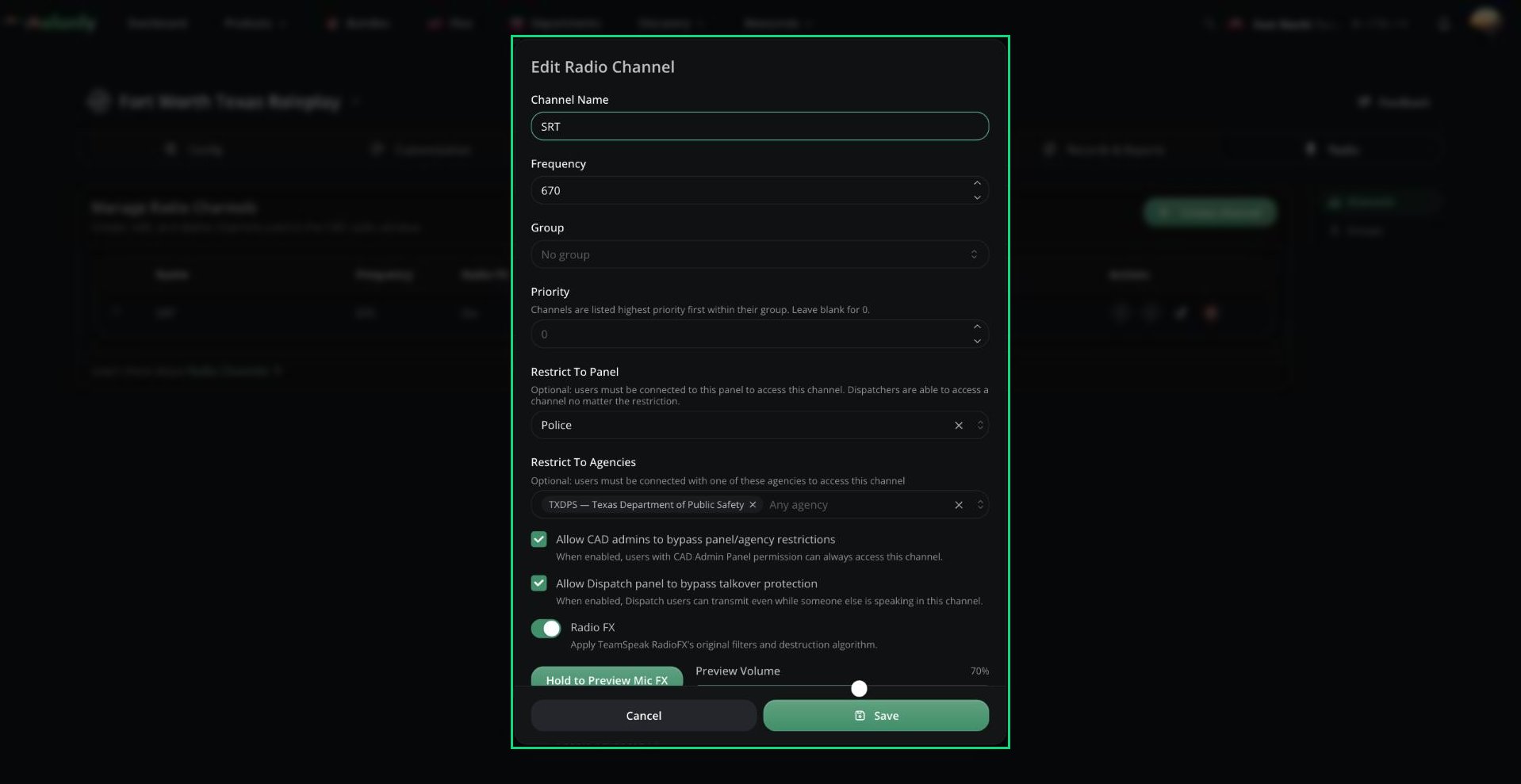 The Edit Radio Channel window with name, frequency, group, priority, panel and agency restrictions, bypass options and Radio FX