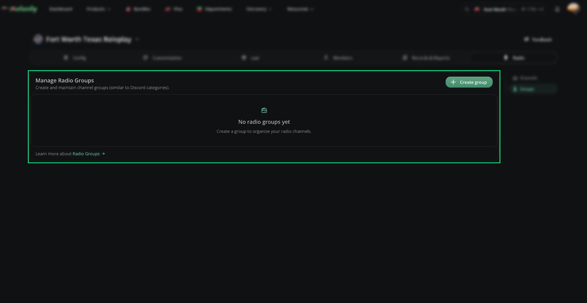 Manage Radio Groups card with the Create group button