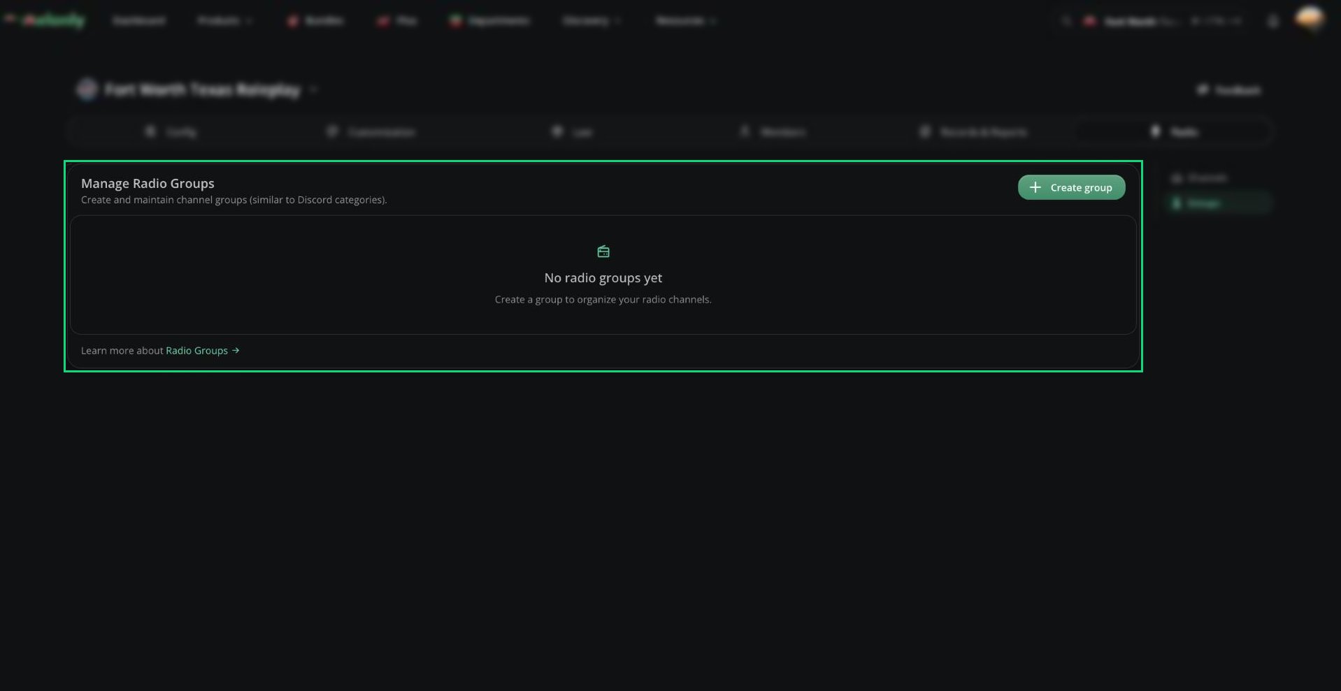Manage Radio Groups card with the Create group button