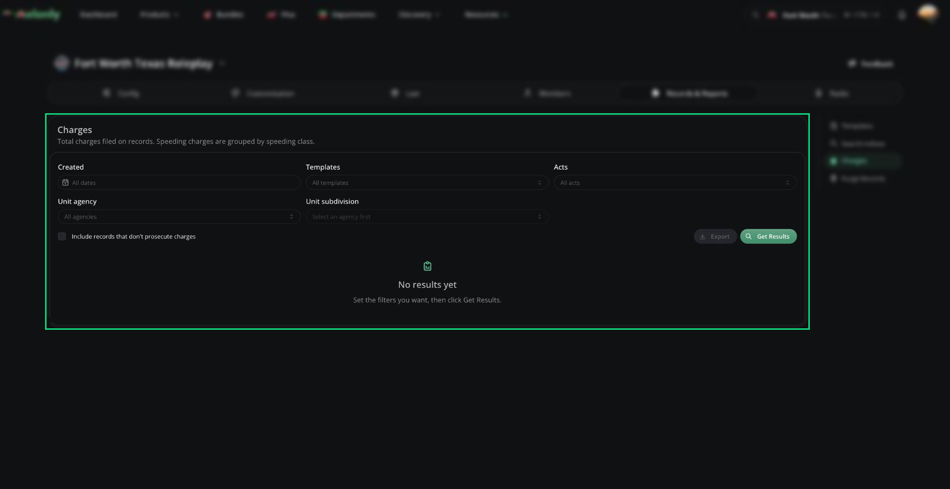 Charges report filters for date, template, act, agency and subdivision, with the Export and Get Results buttons