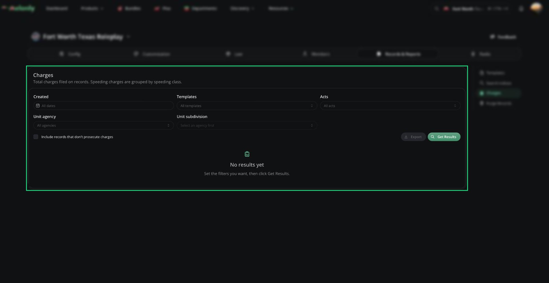 Charges report filters for date, template, act, agency and subdivision, with the Export and Get Results buttons