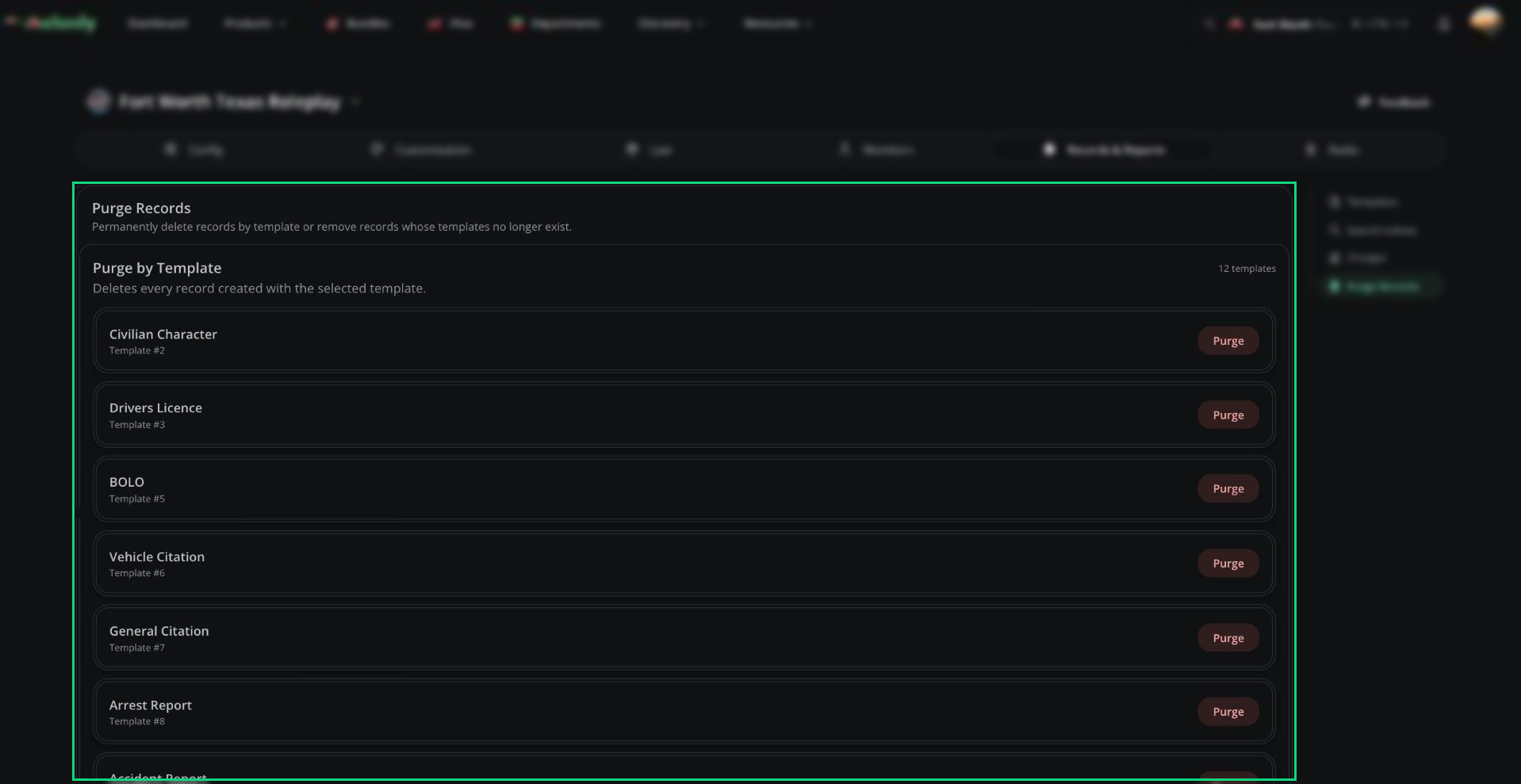 Purge Records page showing the Purge by Template list with a Purge button on each template