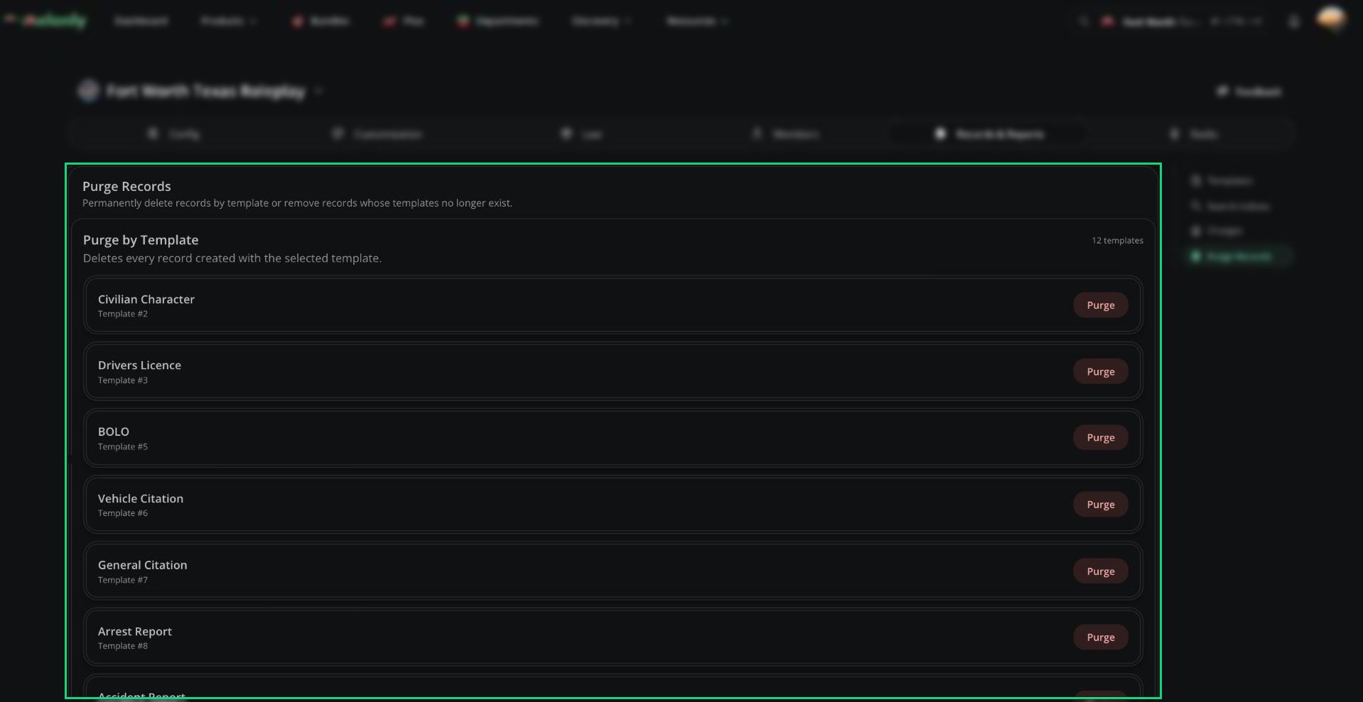 Purge Records page showing the Purge by Template list with a Purge button on each template