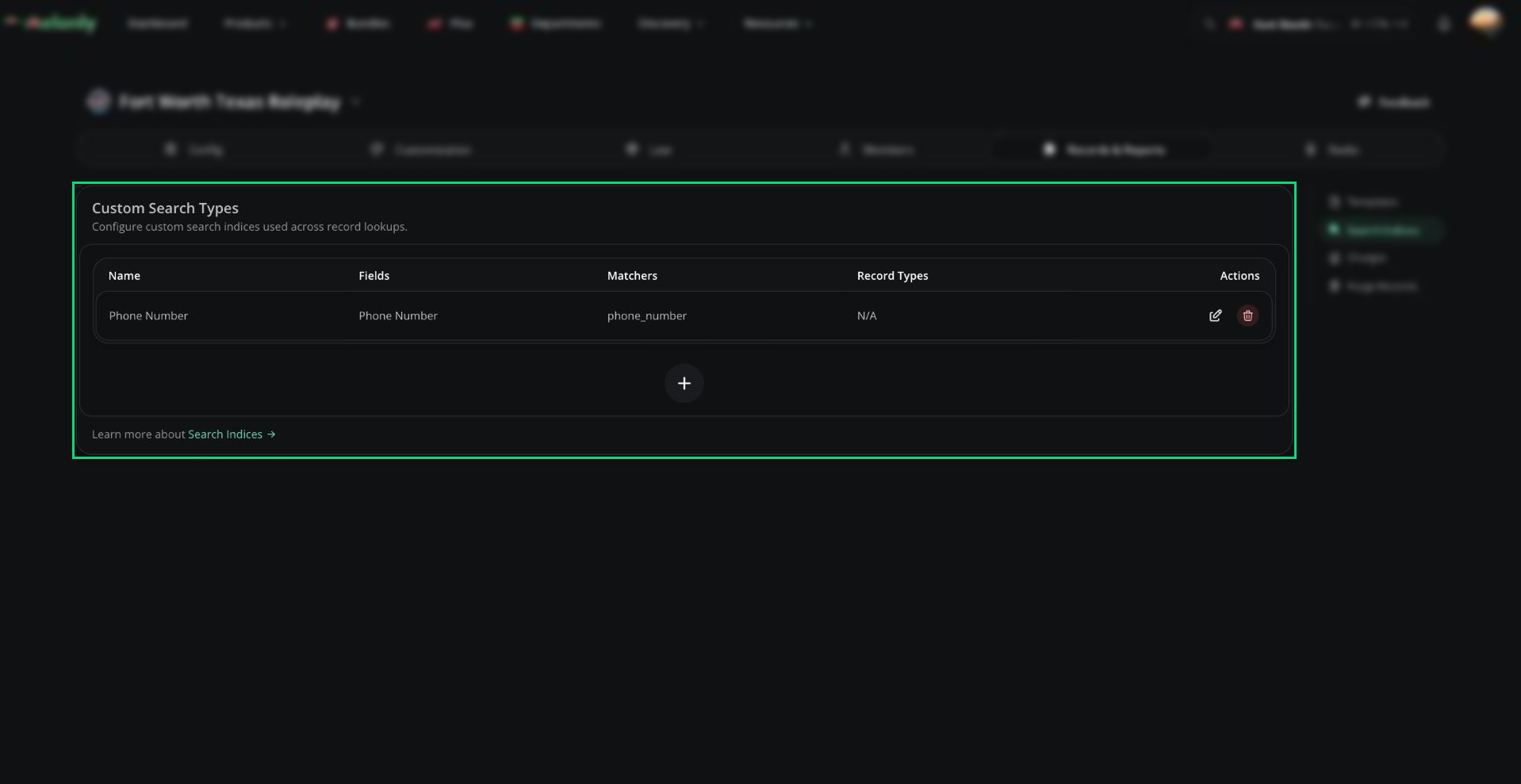 Custom Search Types table with the default Phone Number search type