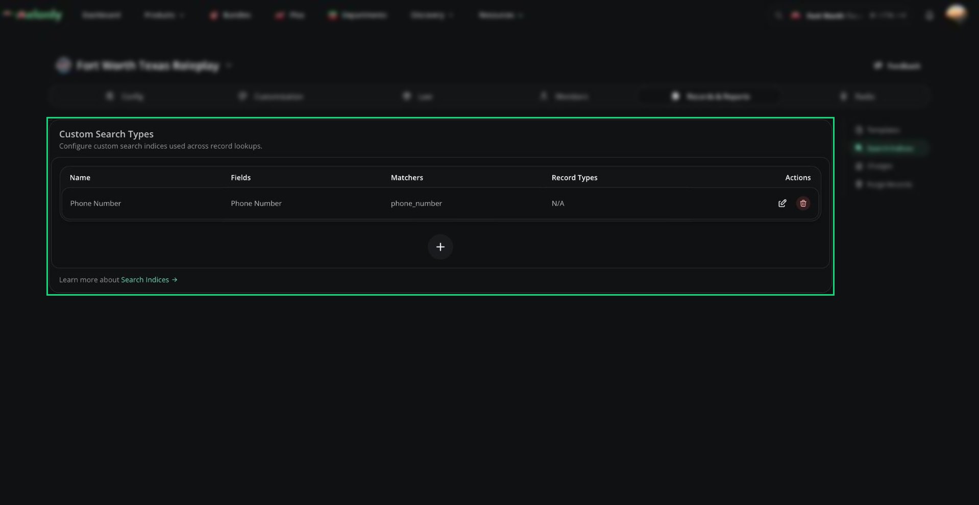Custom Search Types table with the default Phone Number search type
