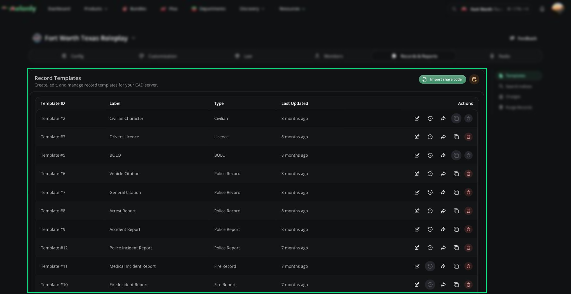 Record Templates table with Template ID, Label, Type, Last Updated and the row actions