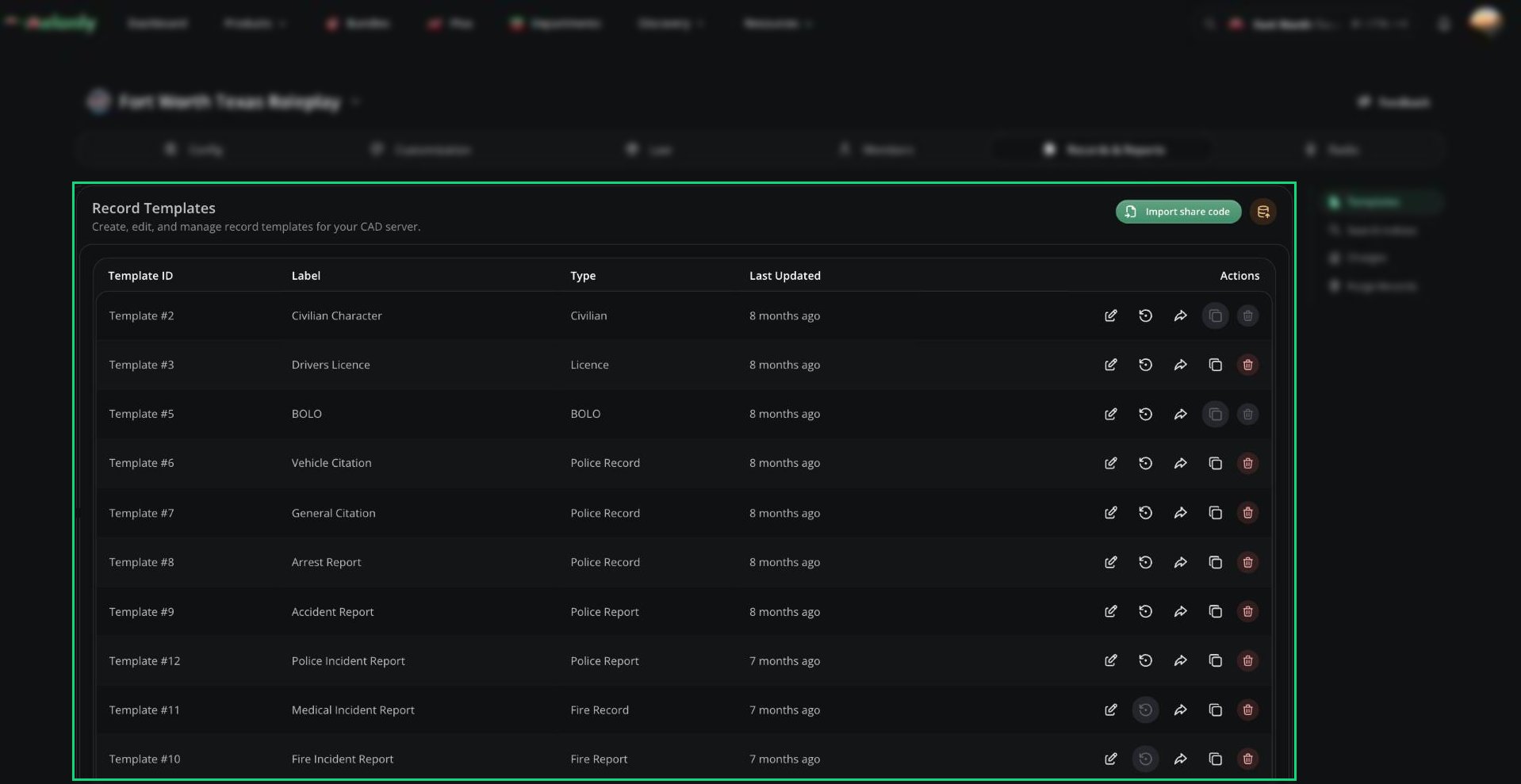 Record Templates table with Template ID, Label, Type, Last Updated and the row actions